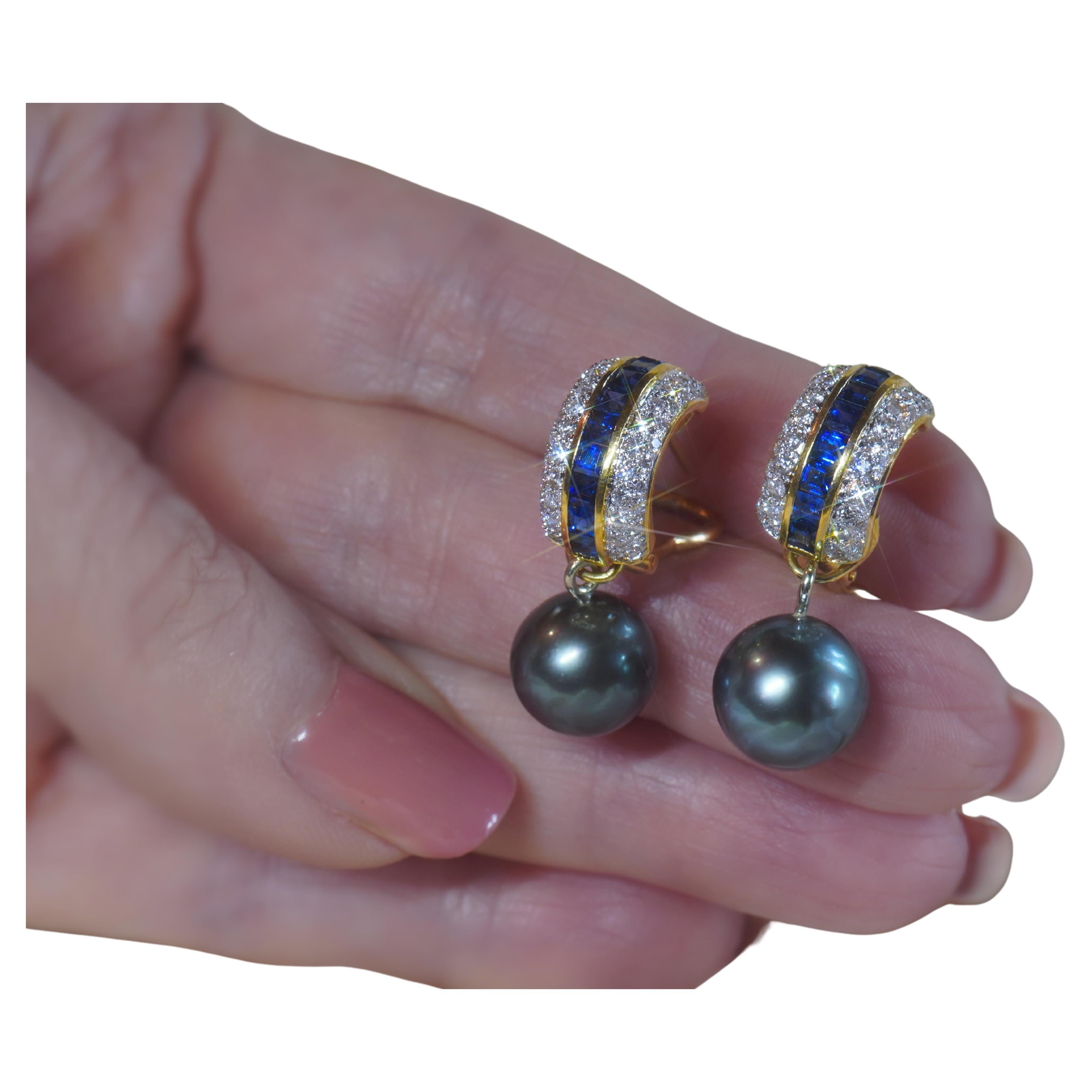 GIA Saphir Bleu NO HEAT Diamant 18K Boucles d'oreilles Vintage Perle Tahitienne 3.96 CTS en vente