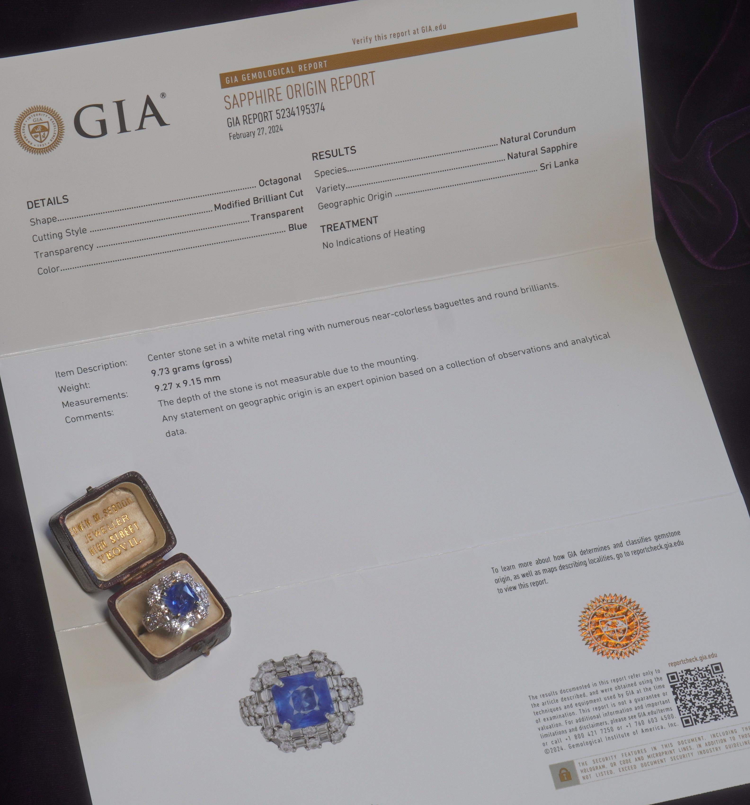 Old South Jewels proudly presents... VINTAGE LUXURY.   GIA CERTIFIED 18K GOLD HUGE 9.34 CARAT UNHEATED SAPPHIRE DIAMOND RING & BOX!   HUGE 7.03 CARAT BRILLIANT ROYAL BLUE GIA CERTIFIED RARE NO HEAT NATURAL SAPPHIRE.   This Gorgeous Sapphire Is