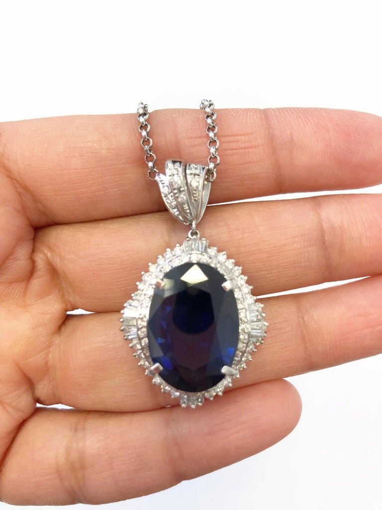 GIA Blue Sapphire Oval and Diamond Pendant Necklace in Platinum at 1stDibs
