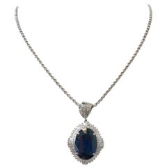 GIA Blue Sapphire Oval and Diamond Pendant Necklace in Platinum