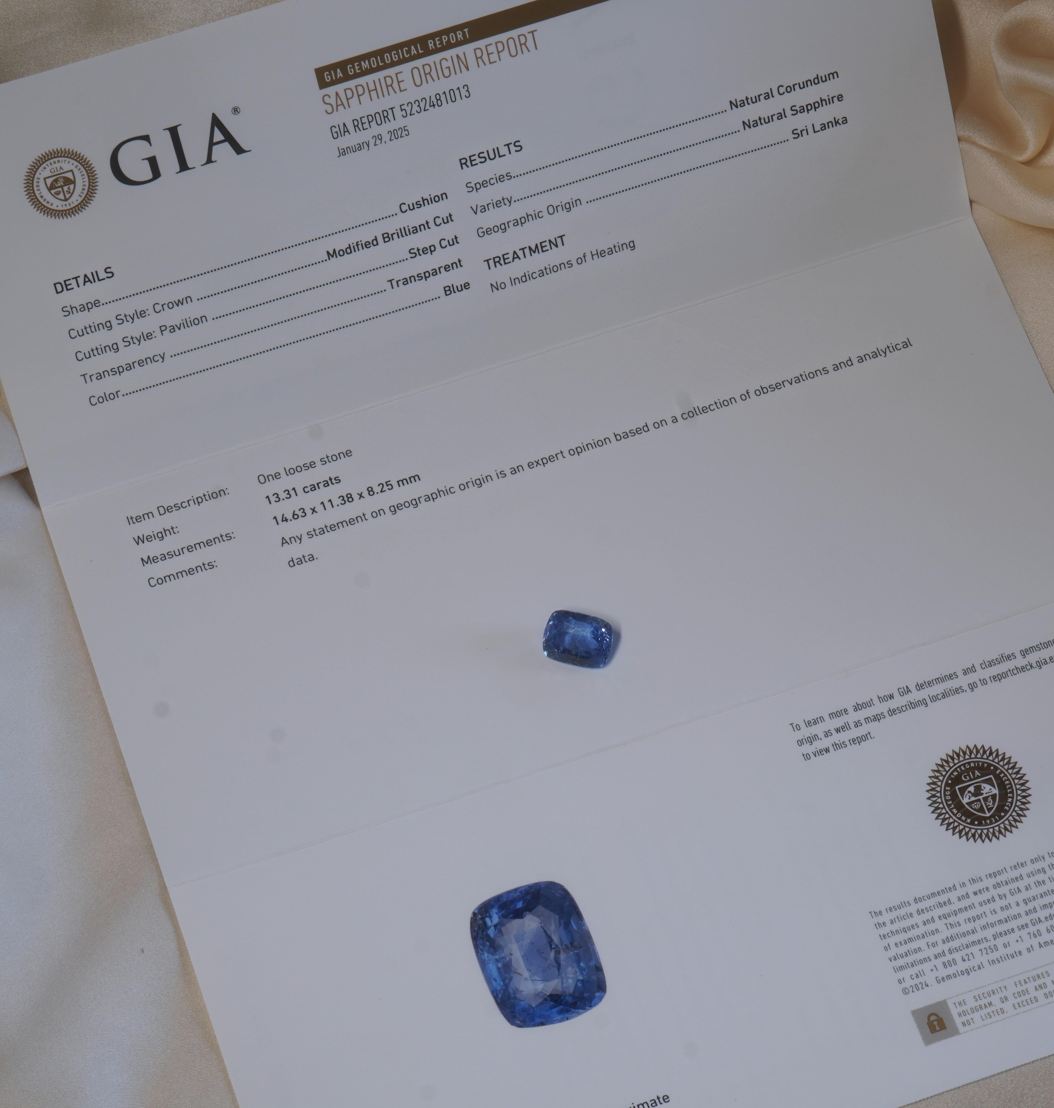 Women's or Men's GIA Blue Sapphire Unheated Sri Lanka Vintage Certified Loose Emerald 13.31 Cts