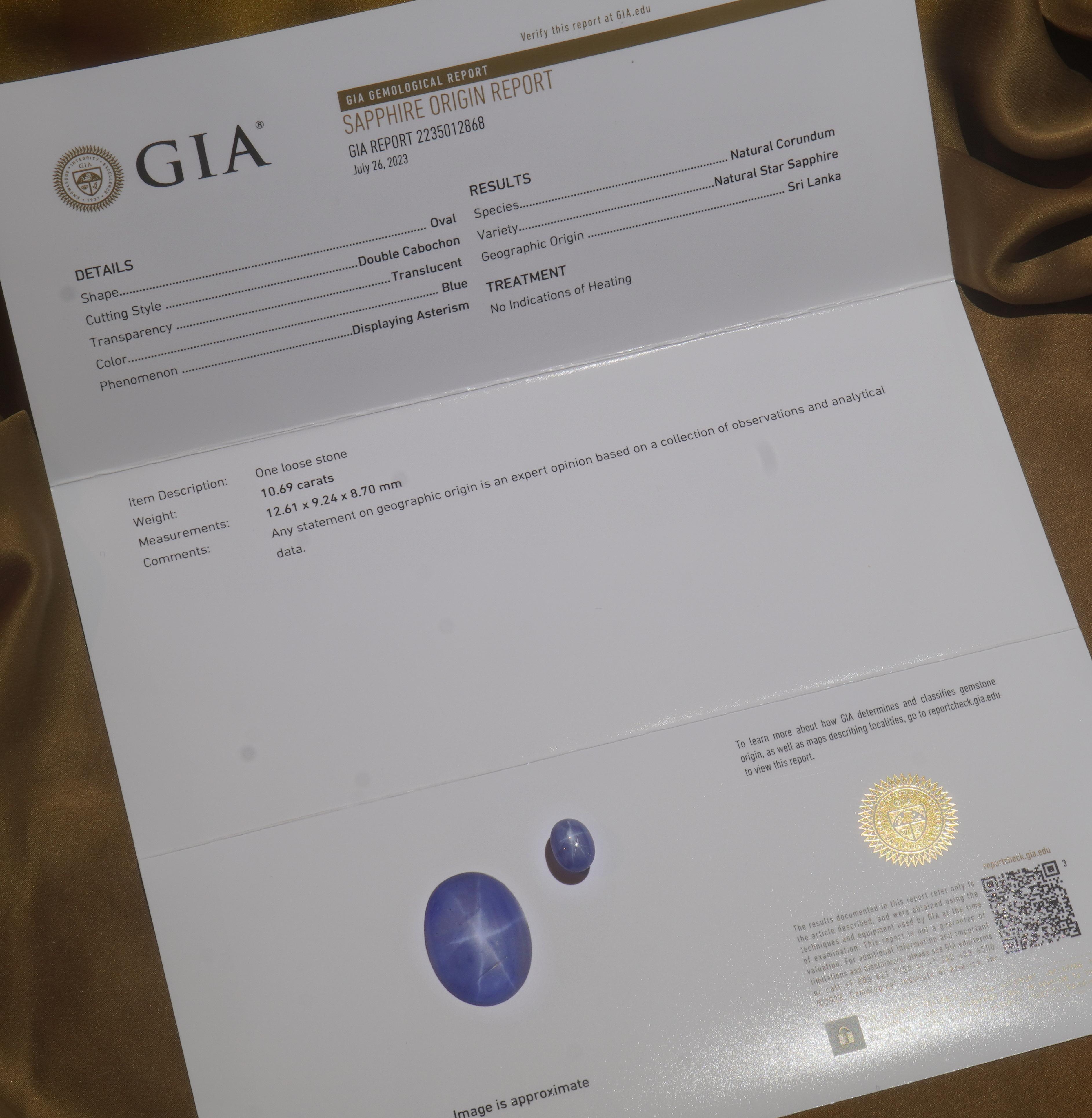 Old South Jewels proudly presents...VINTAGE LUXURY... GIA CERTIFIED 10.69 CARAT UNHEATED STAR SAPPHIRE. 10.69 CARAT TRANSPARENT BLUE GIA CERTIFIED RARE NO HEAT NATURAL CEYLON SAPPHIRE.  

Velvety Soft Blue Star Sapphire...What an Impressive Huge