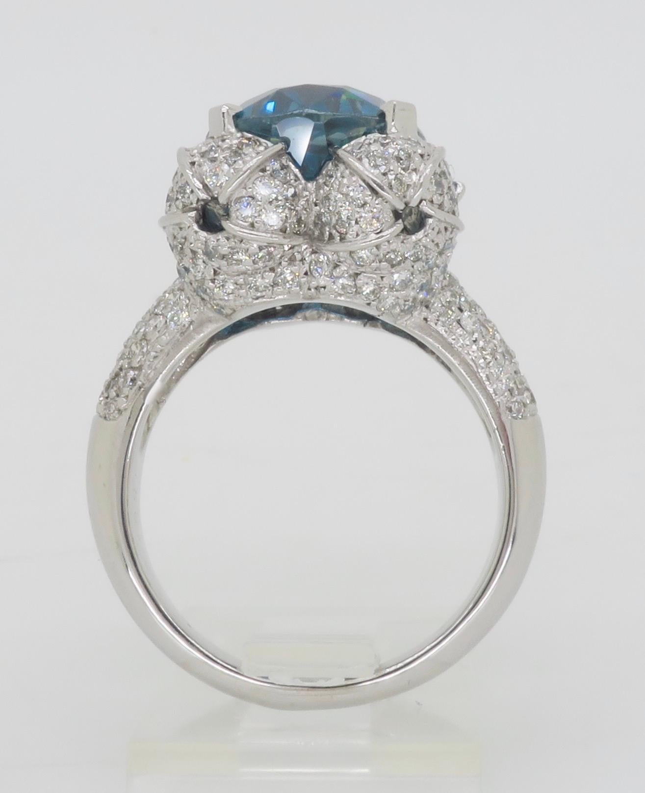 GIA Blue Zircon & Diamond Encrusted Ring in 18k White Gold  For Sale 5
