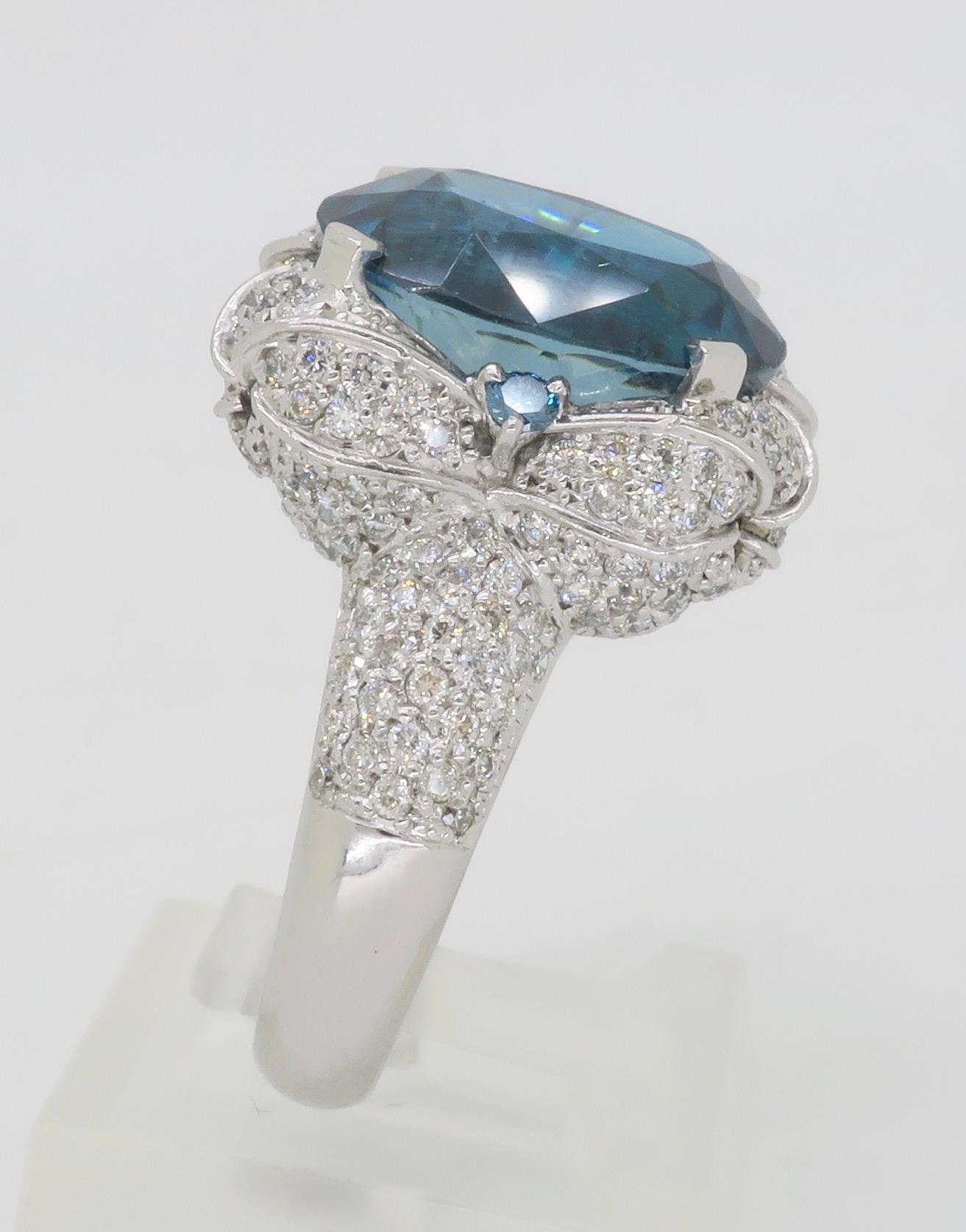 GIA Blue Zircon & Diamond Encrusted Ring in 18k White Gold  For Sale 6