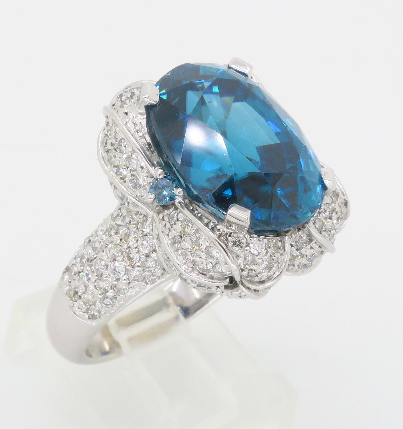 GIA Blue Zircon & Diamond Encrusted Ring in 18k White Gold  For Sale 7