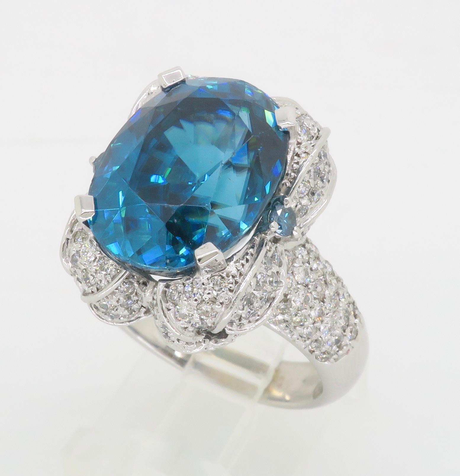 GIA Blue Zircon & Diamond Encrusted Ring in 18k White Gold  For Sale 8