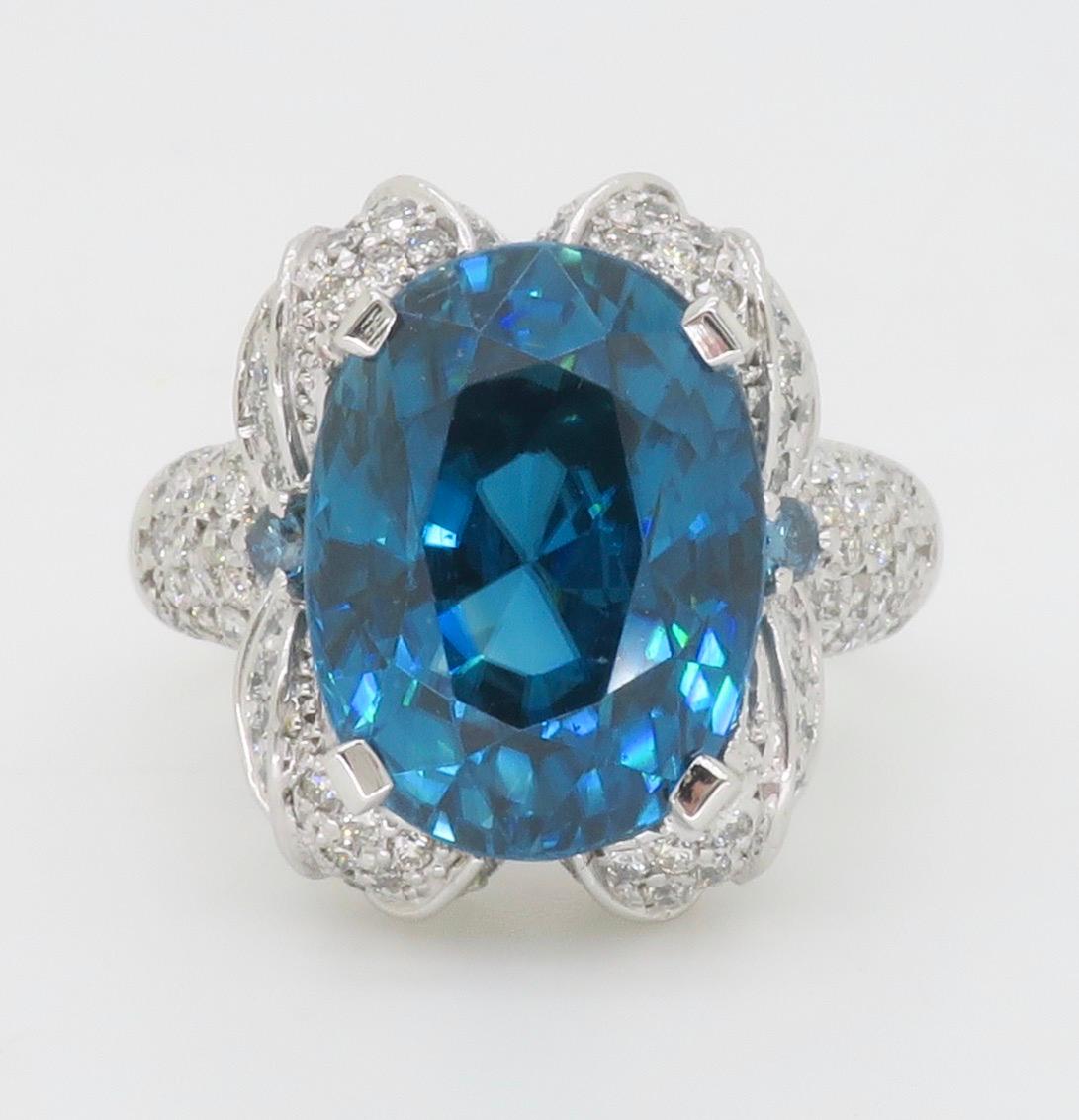 GIA Blue Zircon & Diamond Encrusted Ring in 18k White Gold  For Sale 9