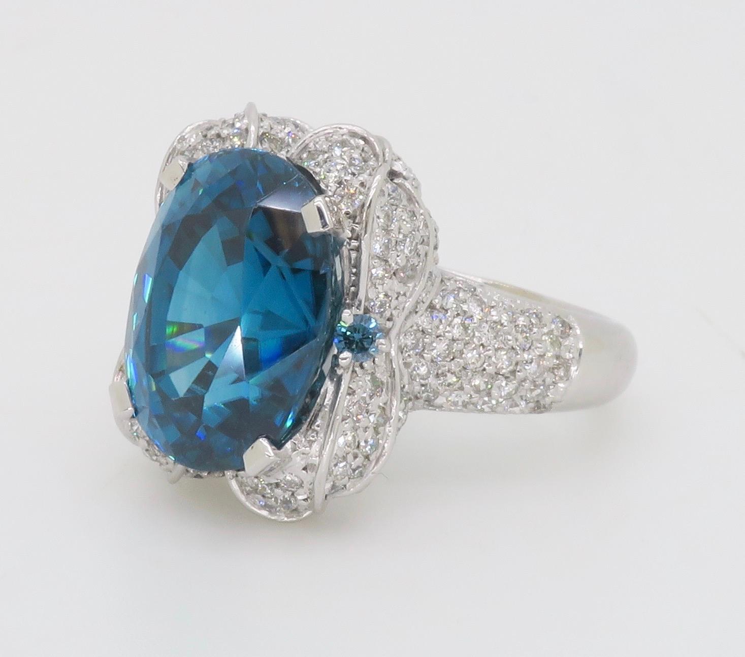 GIA Blue Zircon & Diamond Encrusted Ring in 18k White Gold  For Sale 10