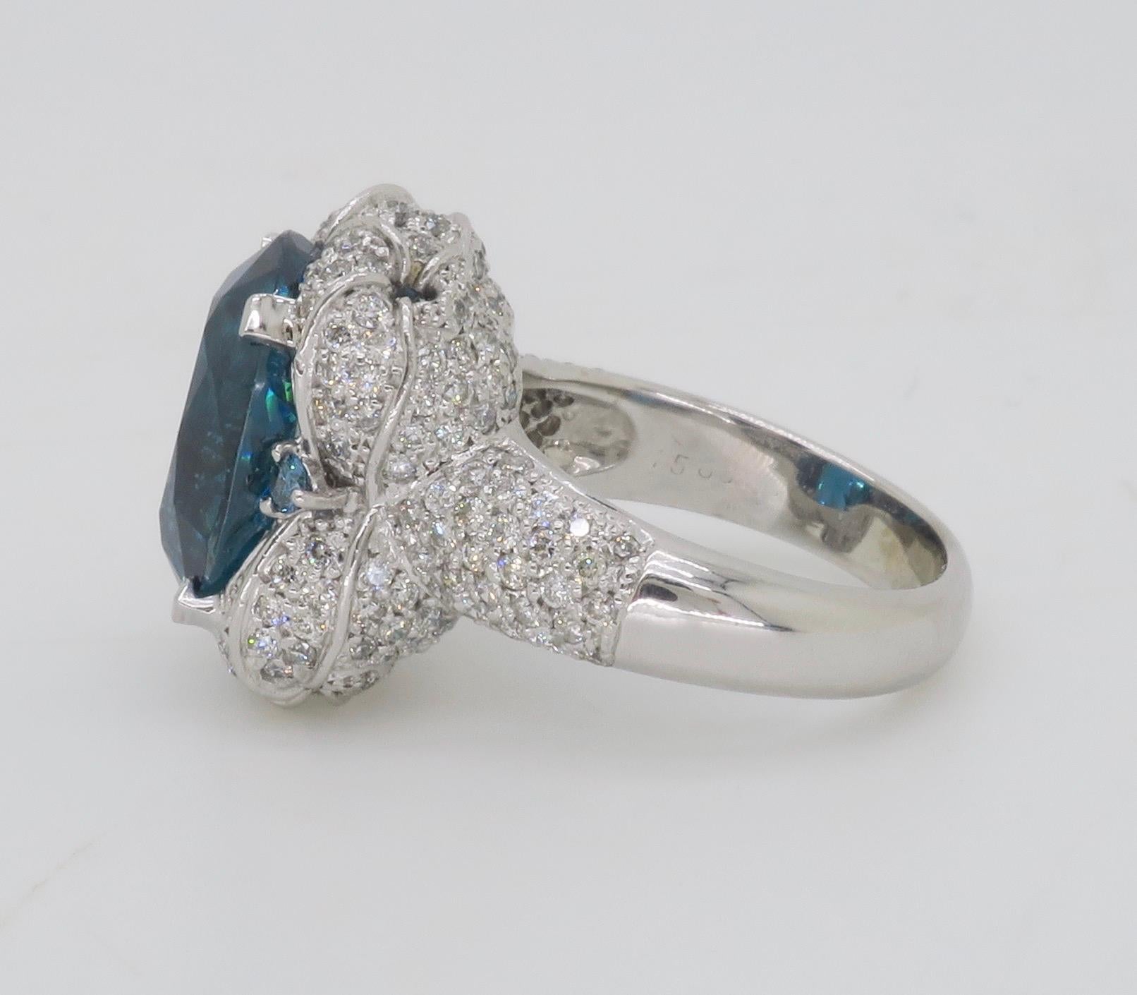 GIA Blue Zircon & Diamond Encrusted Ring in 18k White Gold  For Sale 11