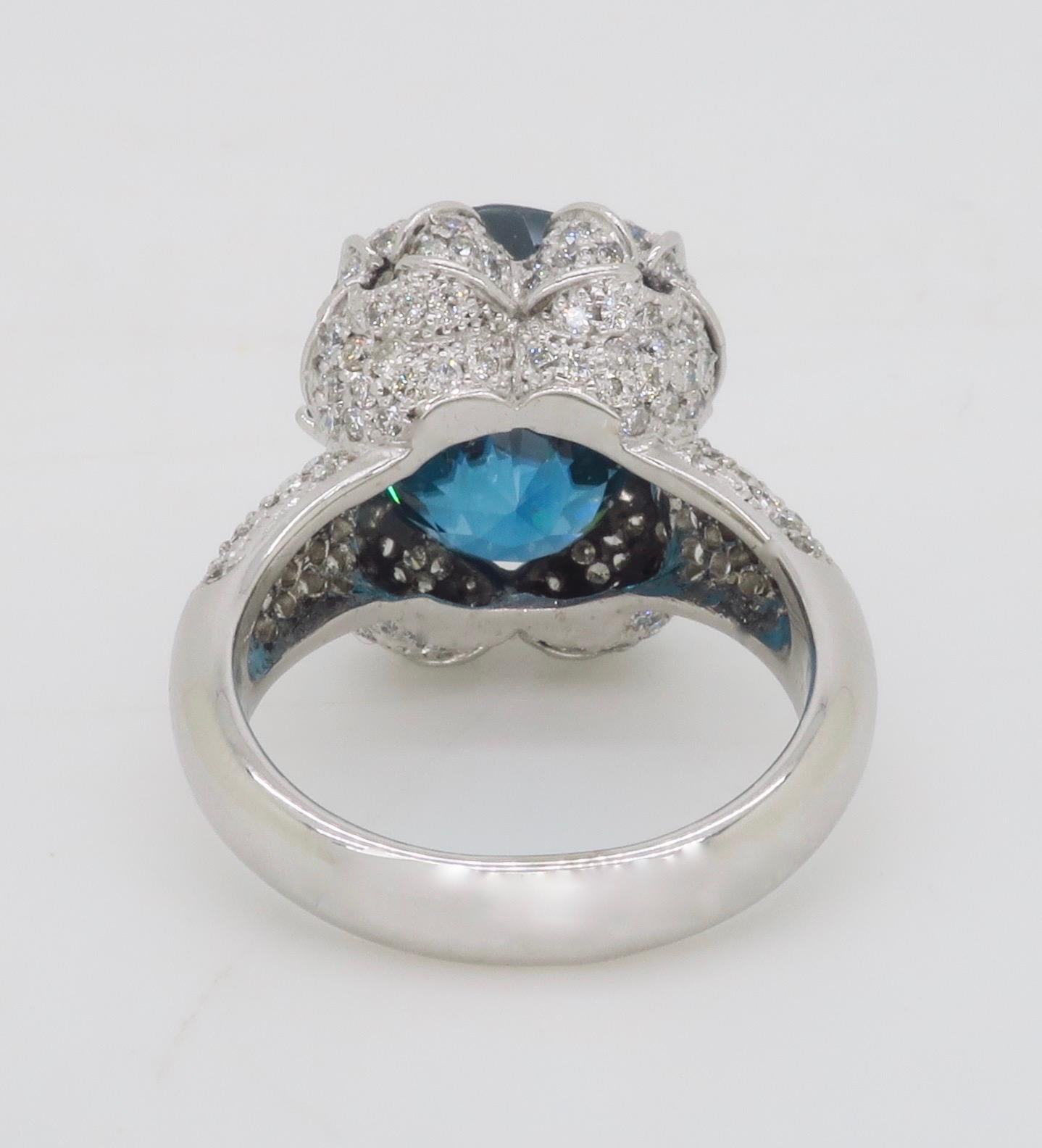 GIA Blue Zircon & Diamond Encrusted Ring in 18k White Gold  For Sale 12