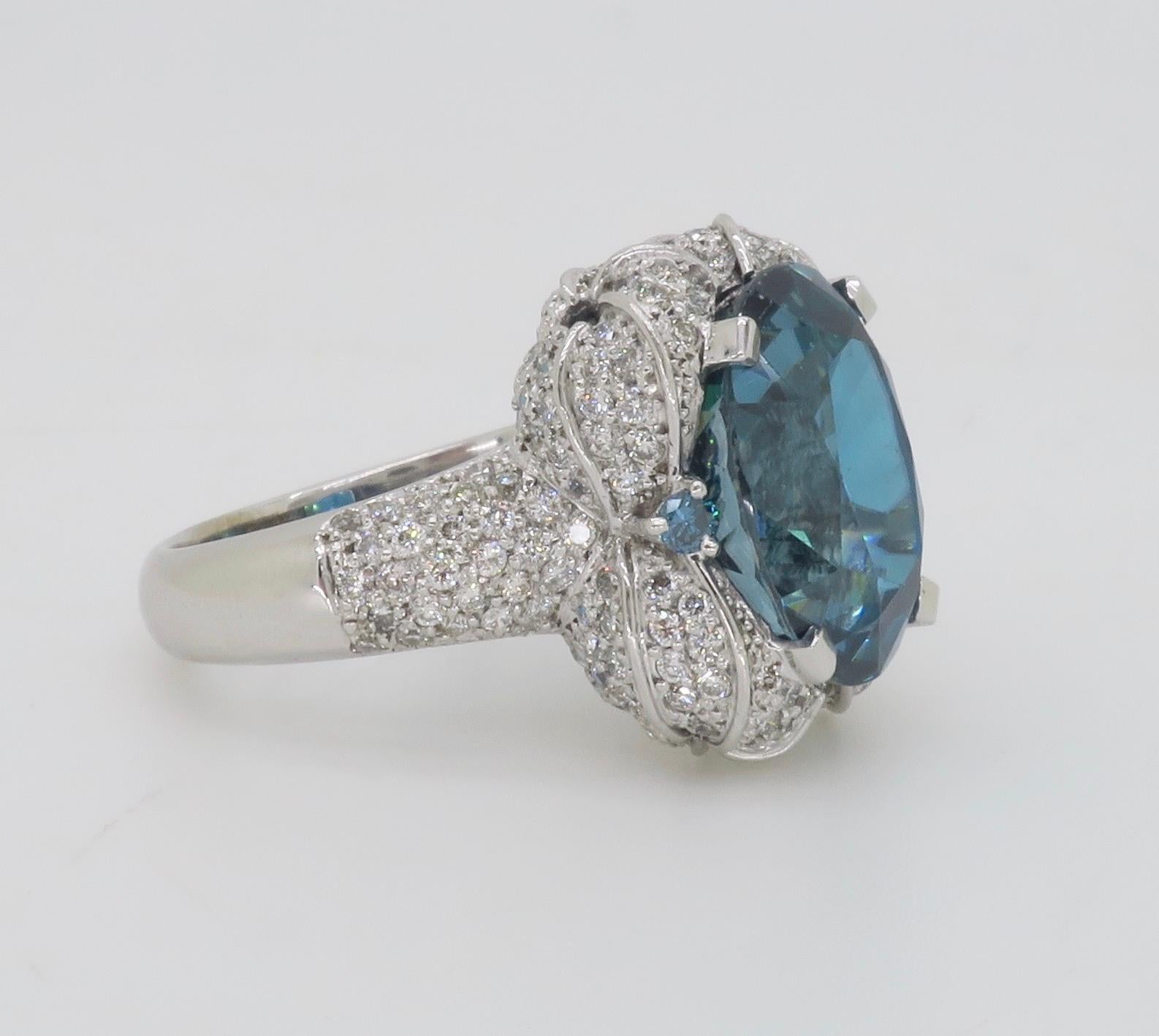 GIA Blue Zircon & Diamond Encrusted Ring in 18k White Gold  For Sale 13