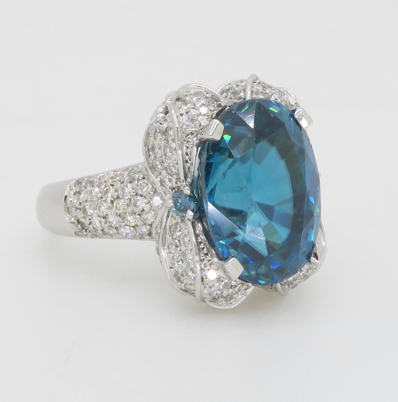 GIA Blue Zircon & Diamond Encrusted Ring in 18k White Gold  For Sale 14