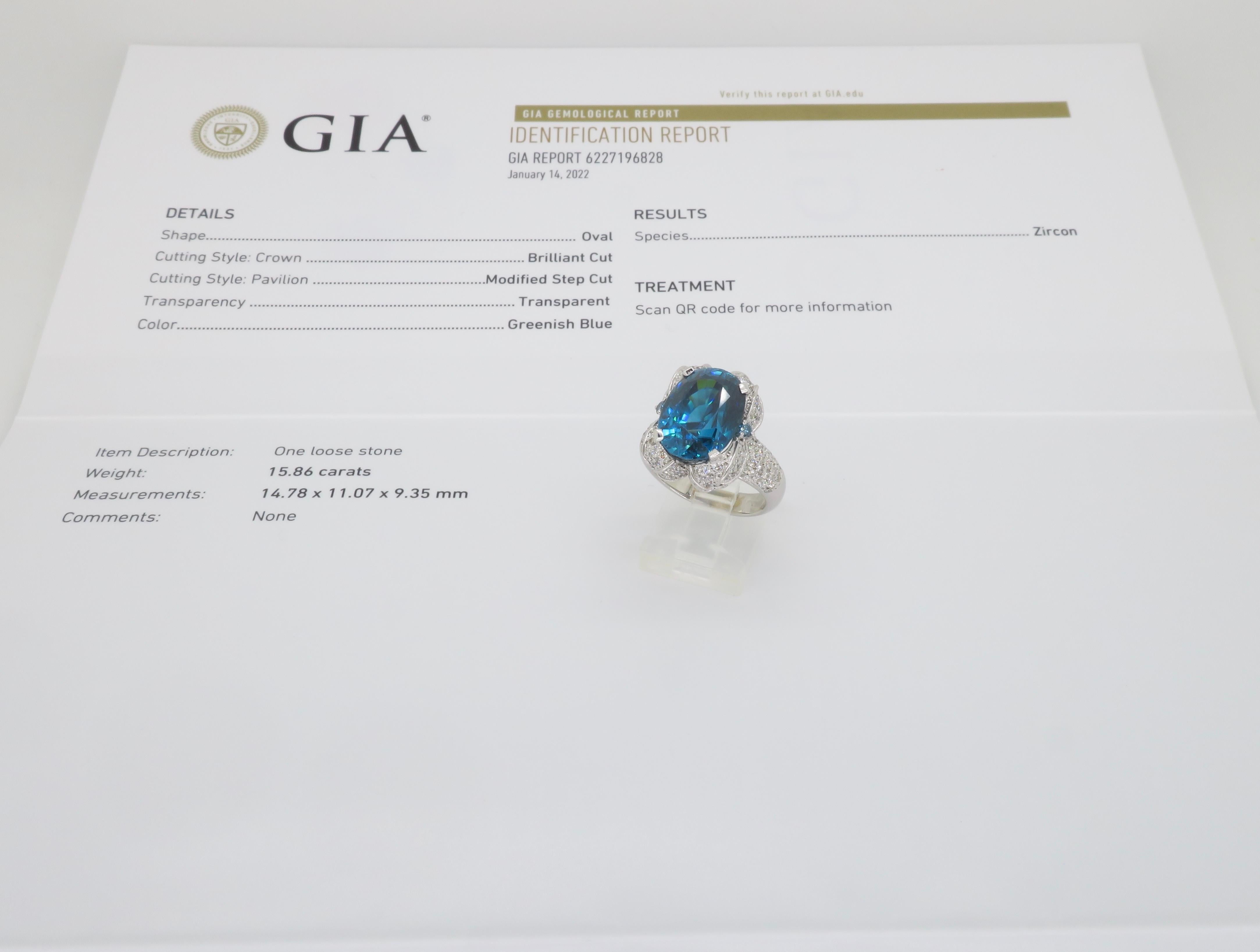 GIA Blue Zircon & Diamond Encrusted Ring in 18k White Gold  For Sale 15