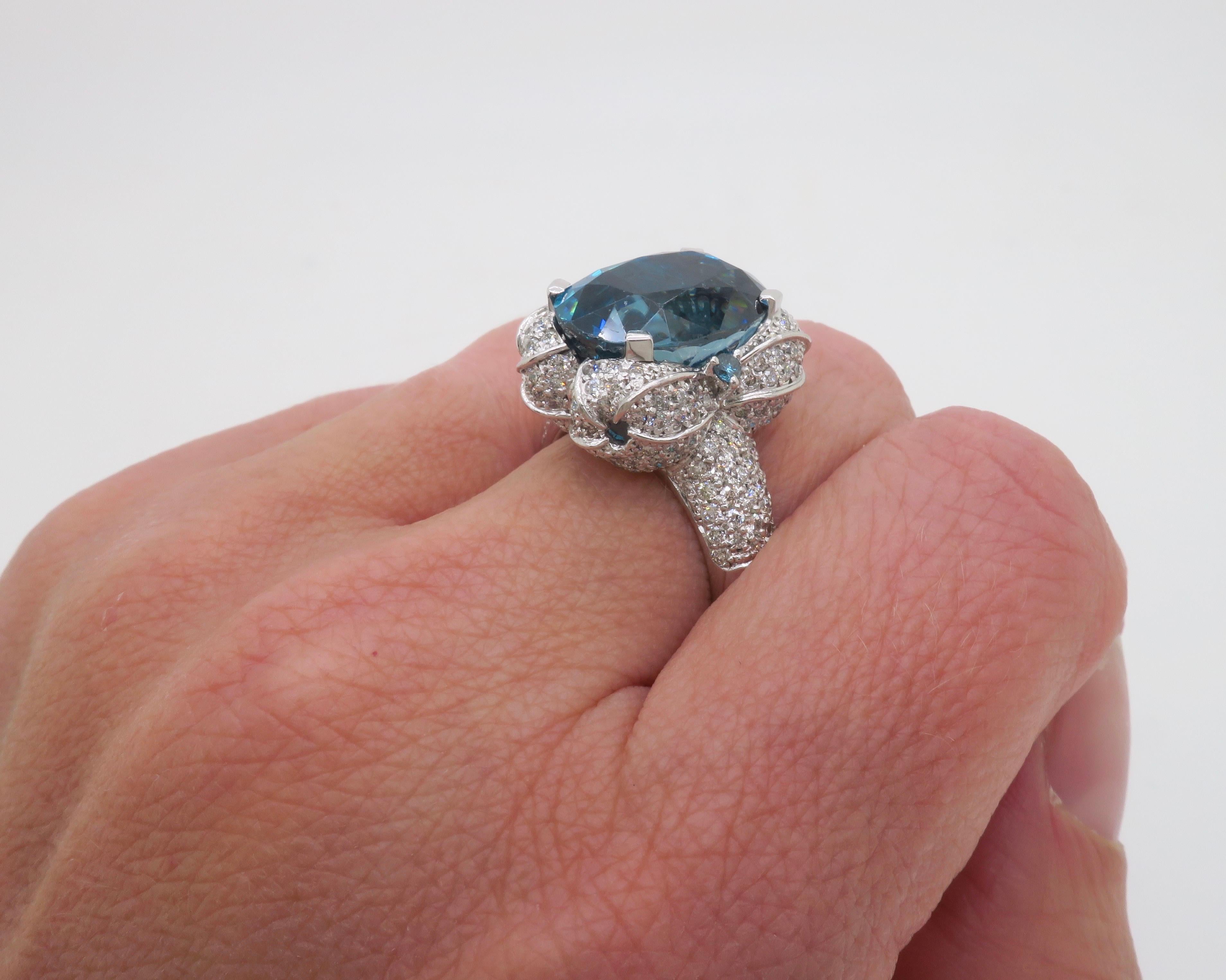 Oval Cut GIA Blue Zircon & Diamond Encrusted Ring in 18k White Gold  For Sale