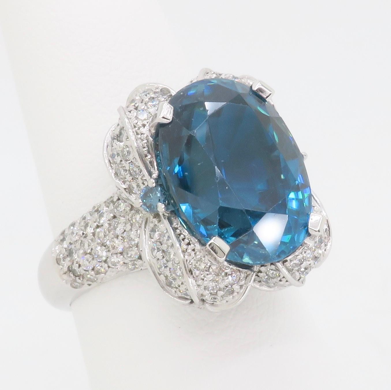 GIA Blue Zircon & Diamond Encrusted Ring in 18k White Gold  In Excellent Condition For Sale In Webster, NY