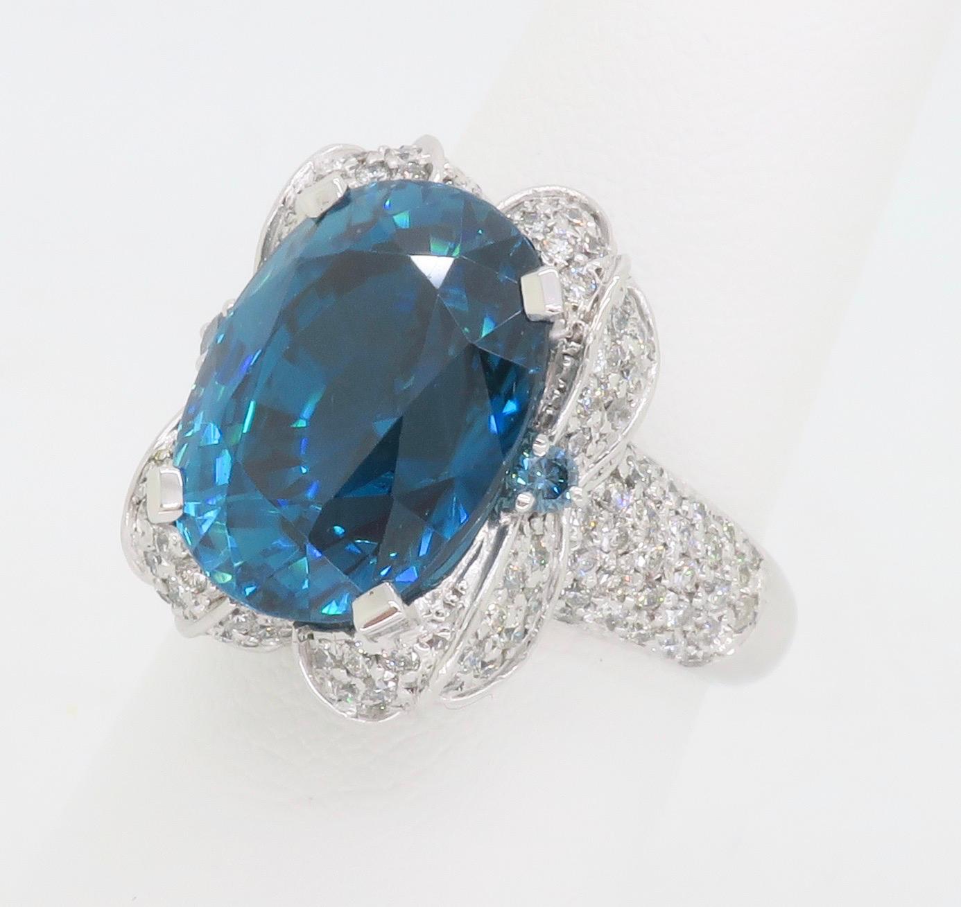 Women's or Men's GIA Blue Zircon & Diamond Encrusted Ring in 18k White Gold  For Sale
