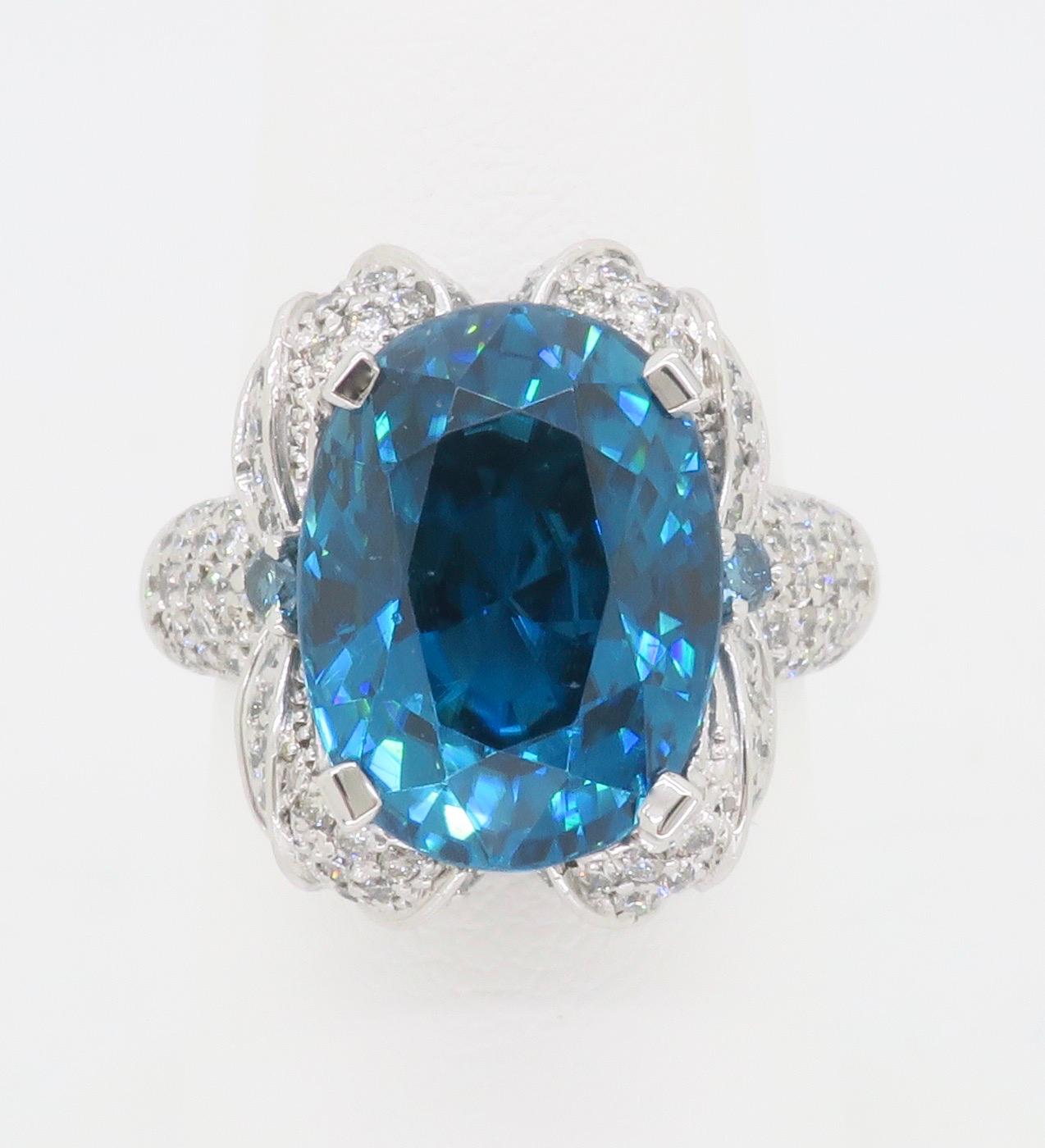 GIA Blue Zircon & Diamond Encrusted Ring in 18k White Gold  For Sale 1