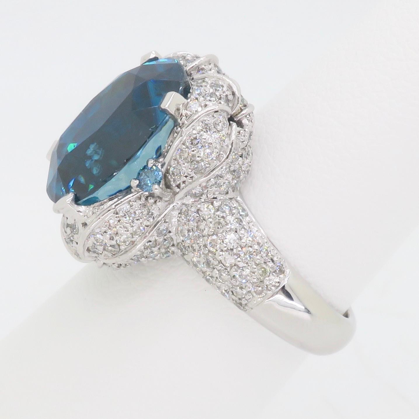 GIA Blue Zircon & Diamond Encrusted Ring in 18k White Gold For Sale 2