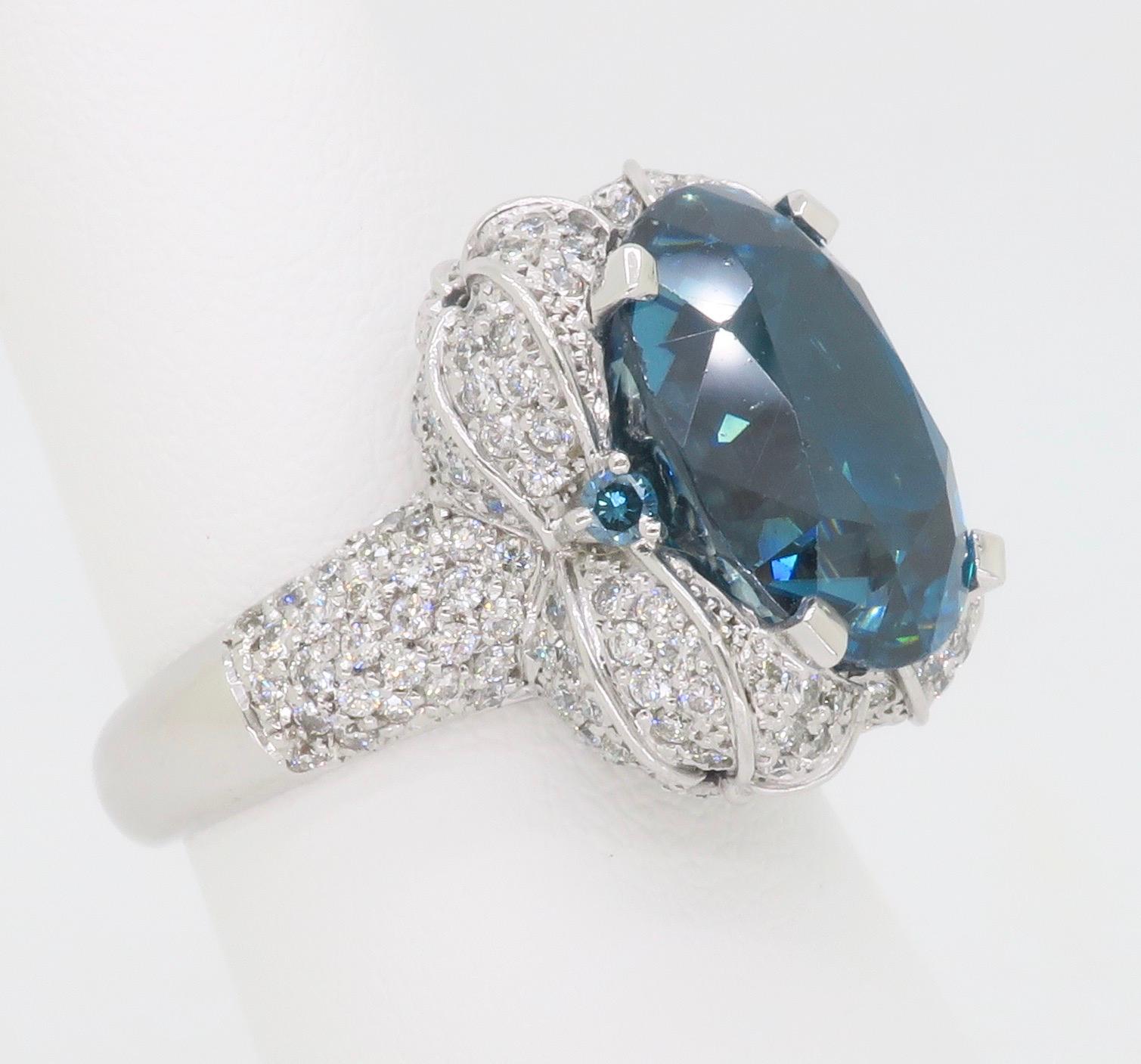 GIA Blue Zircon & Diamond Encrusted Ring in 18k White Gold  For Sale 3