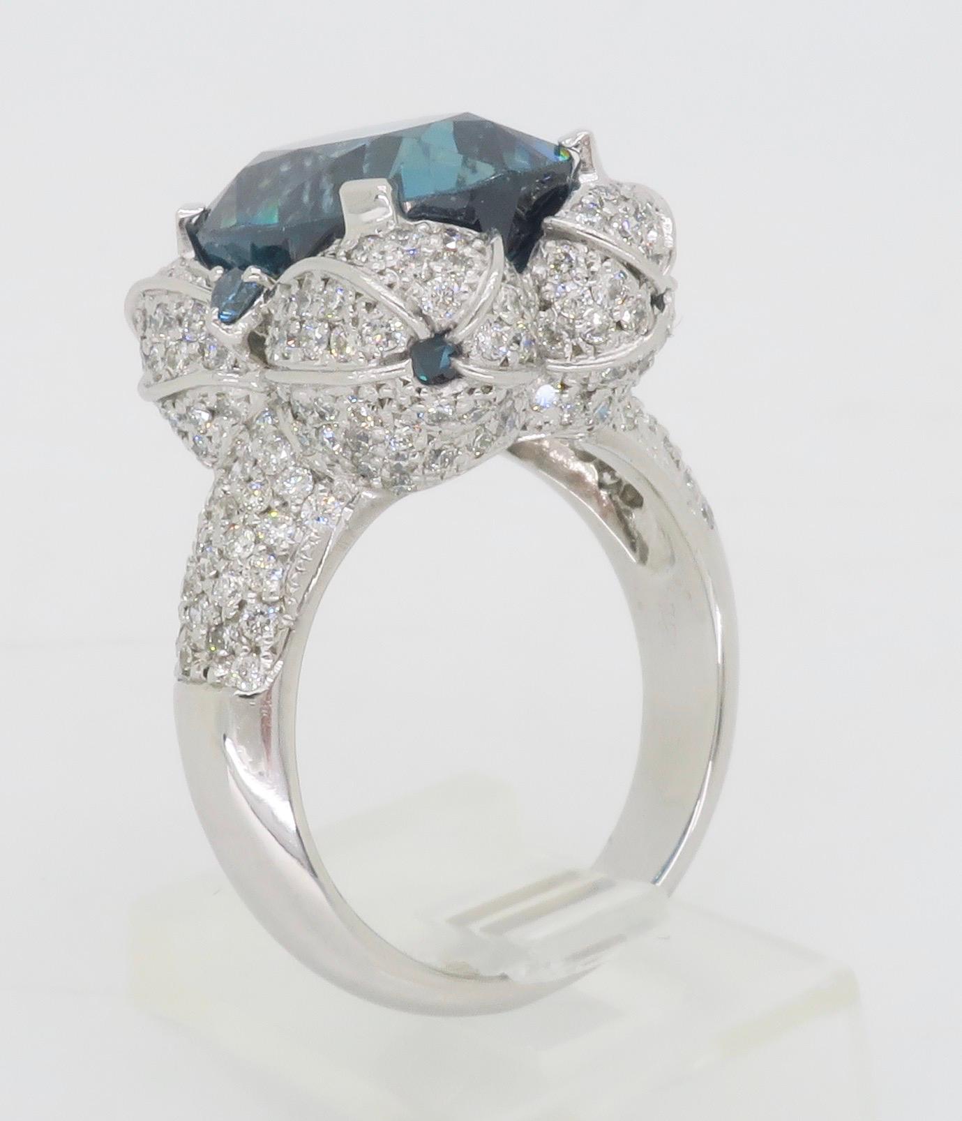 GIA Blue Zircon & Diamond Encrusted Ring in 18k White Gold  For Sale 4