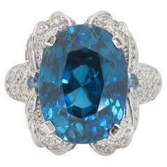 GIA Blue Zircon & Diamond Encrusted Ring in 18k White Gold 
