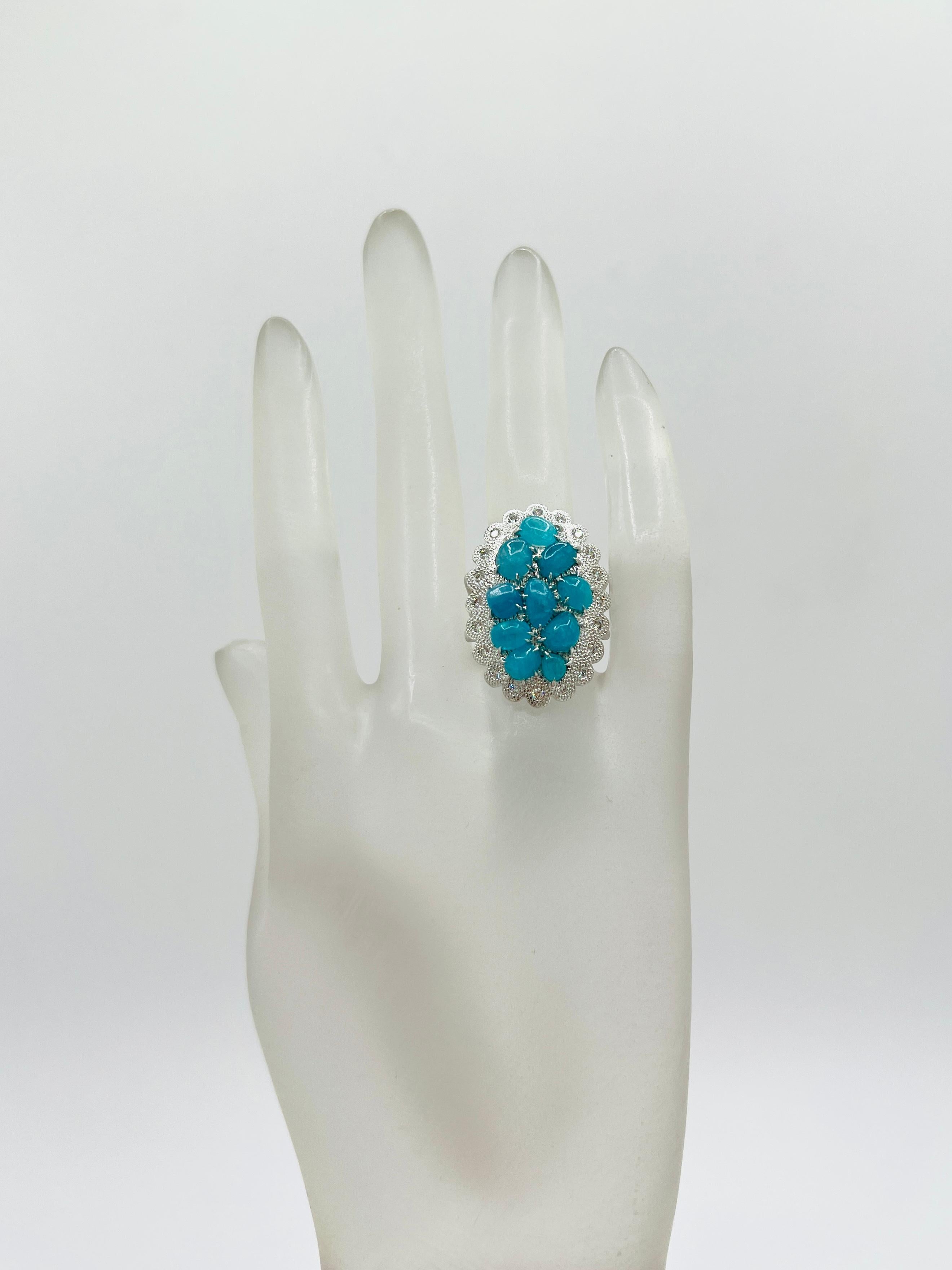 Oval Cut GIA Brazilian Paraiba Cabochon and White Diamond Ring in 18K White Gold