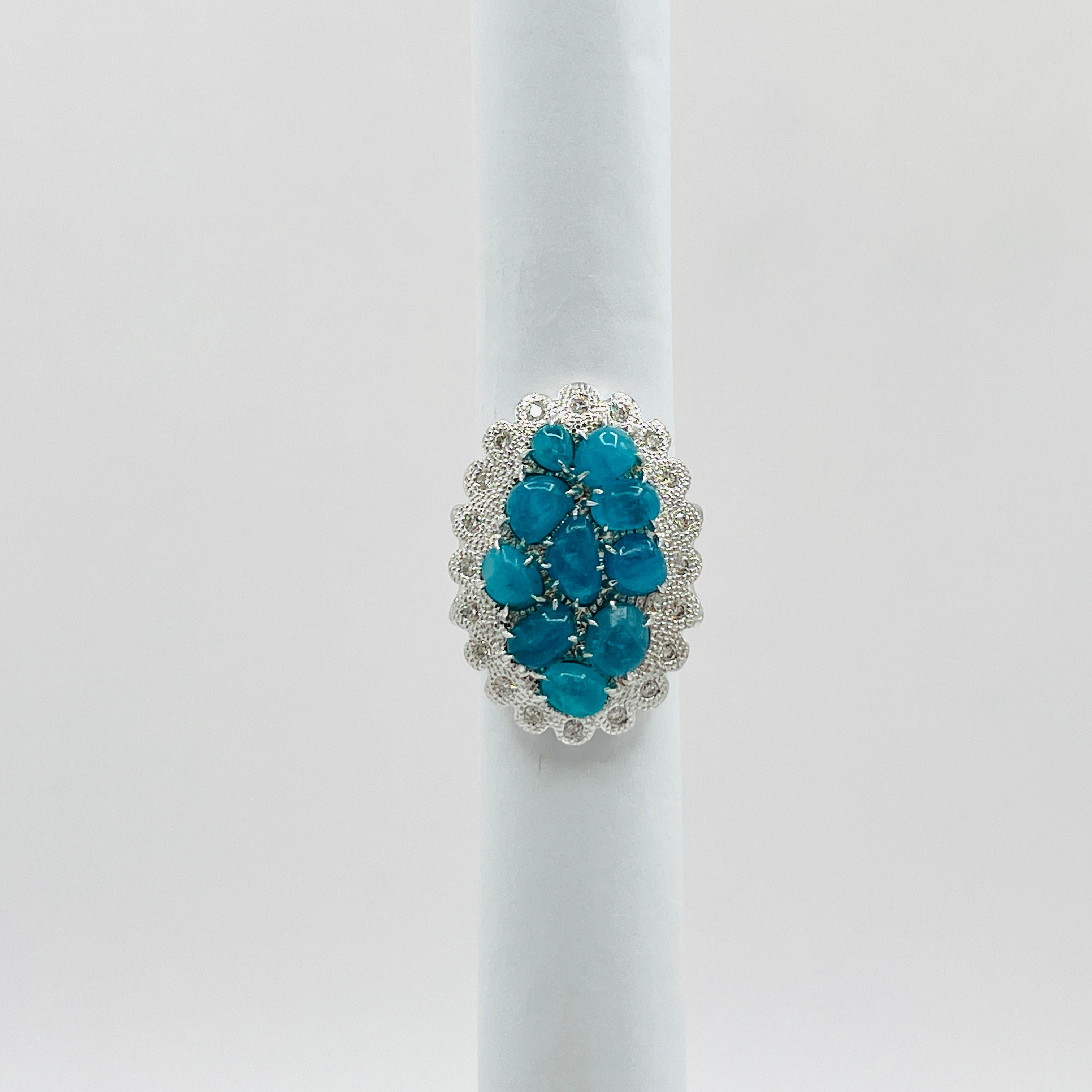 GIA Brazilian Paraiba Cabochon and White Diamond Ring in 18K White Gold In New Condition In Los Angeles, CA