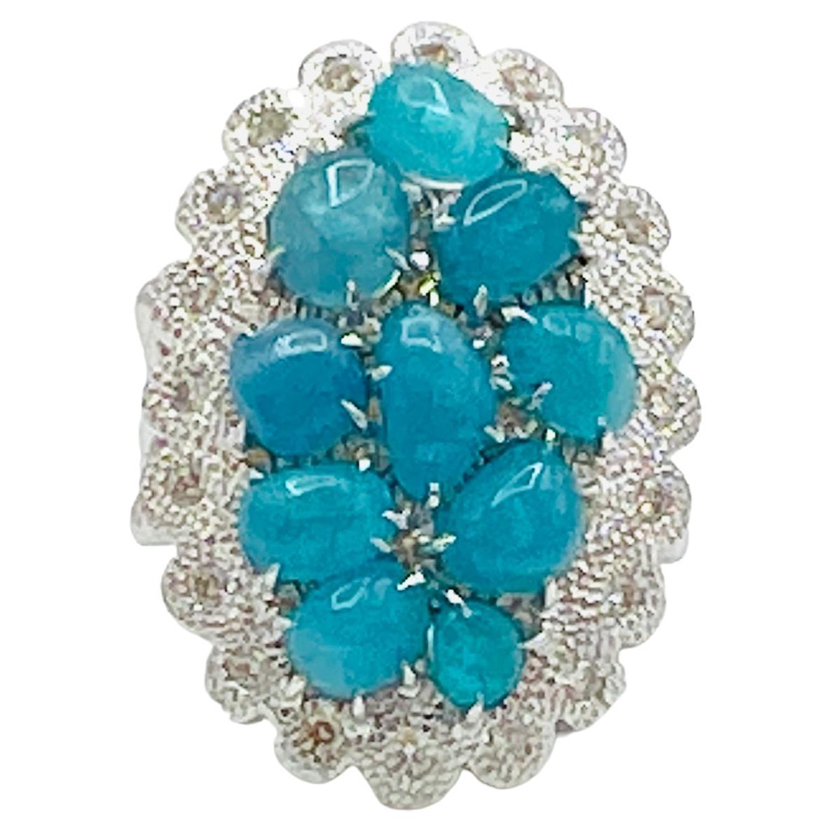 GIA Brazilian Paraiba Cabochon and White Diamond Ring in 18K White Gold