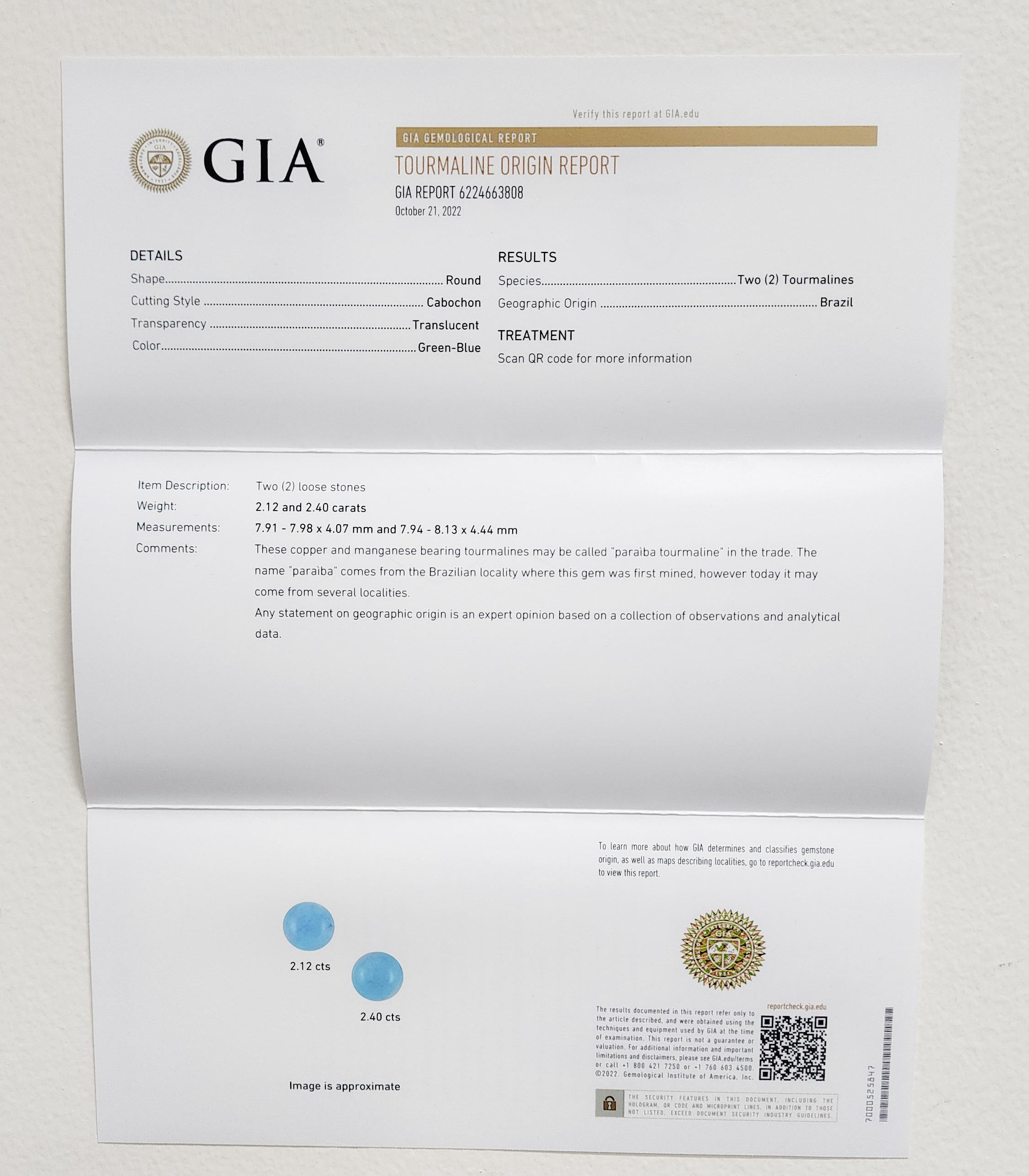 GIA Brazilianische Paraiba-Turmalin-Cabochon- und Diamant-Ohrstecker aus Platin (Rundschliff)