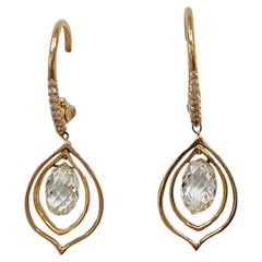 GIA Briolette and White Diamond Round Dangle Earrings in 18K Rose Gold