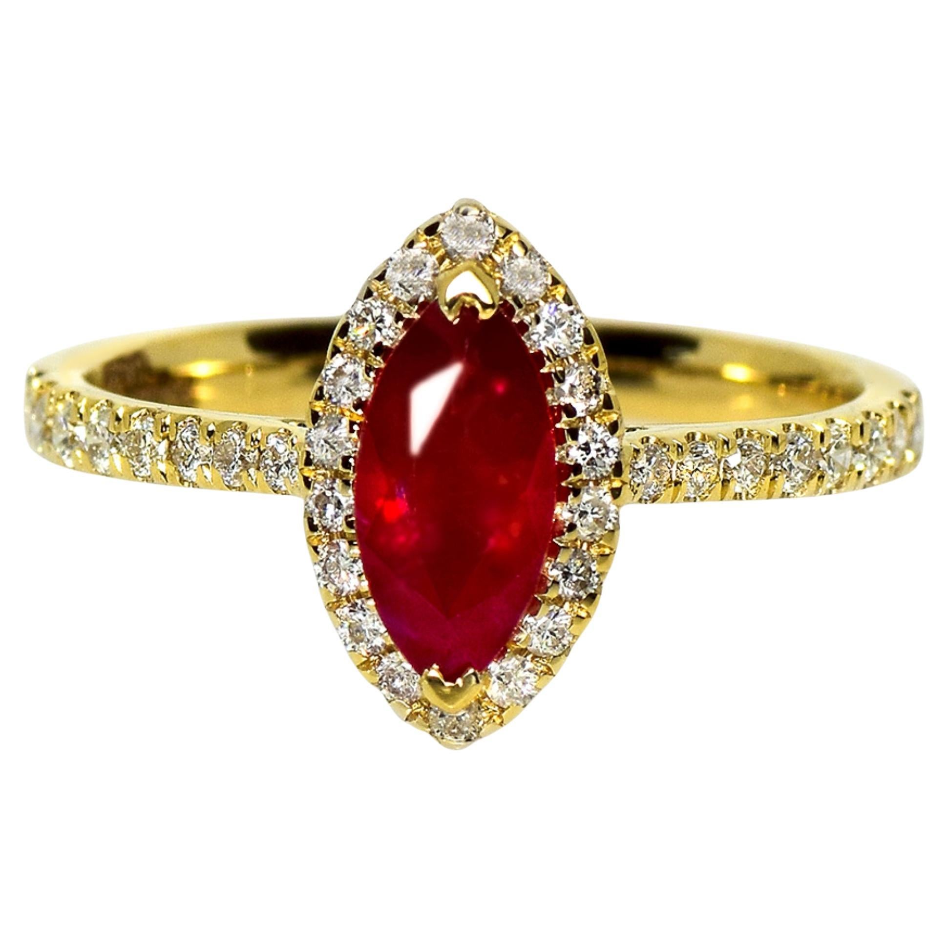 GIA Bague de fiançailles en or jaune 18 carats rubis sang de pigeon 1,11 ct