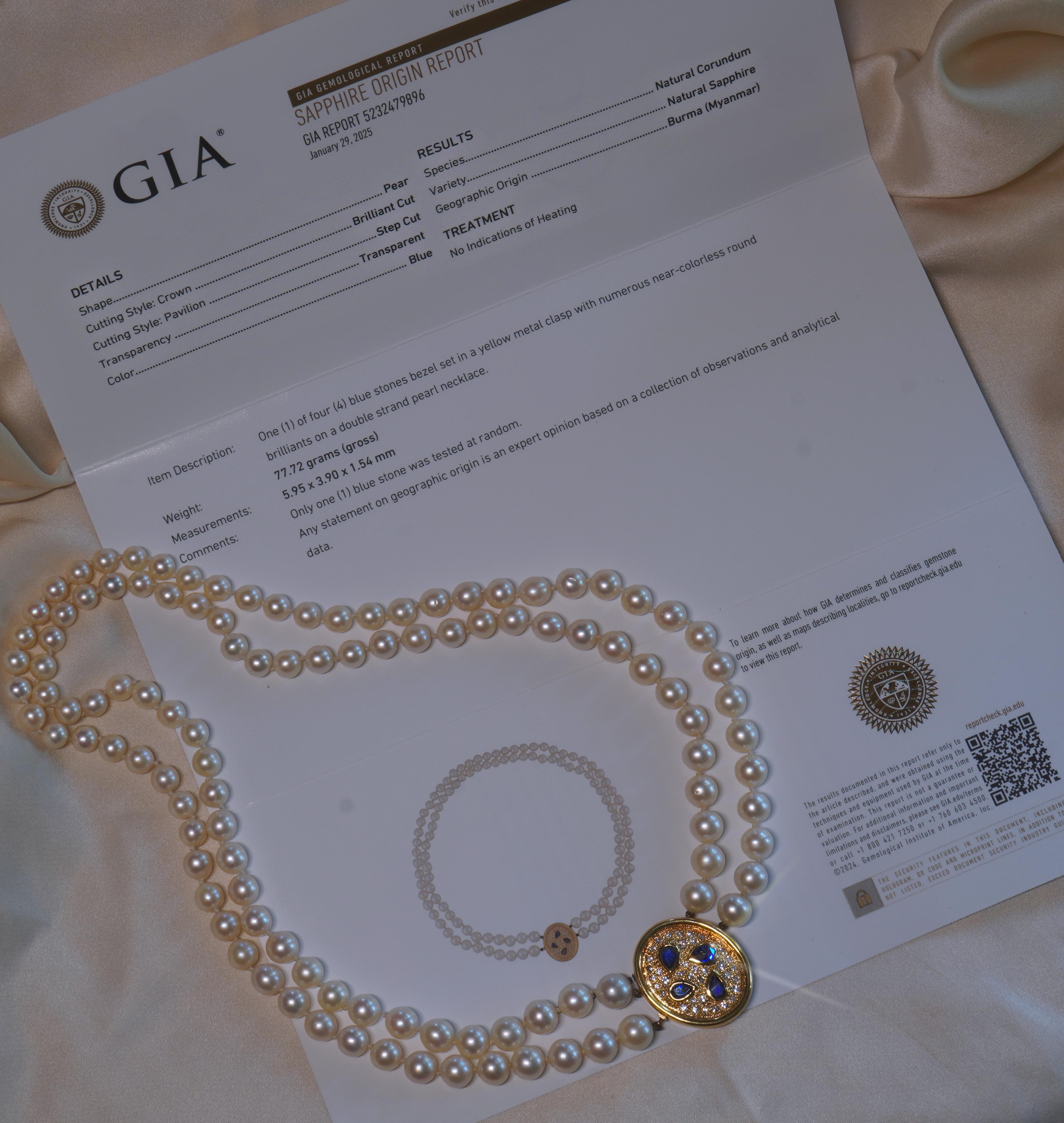 Old South Jewels präsentiert stolz...VINTAGE LUXURY... GIA-ZERTIFIZIERT 18K UNGEHEIZT BIRMA SAPHIR, PERLE, & DIAMANT VINTAGE HALSKETTE!  3,46 KARAT TRANSPARENTE BLAUE GIA-ZERTIFIZIERTE NATÜRLICHE BURMESISCHE SAPHIRE OHNE HITZE, SALZWASSERPERLEN UND