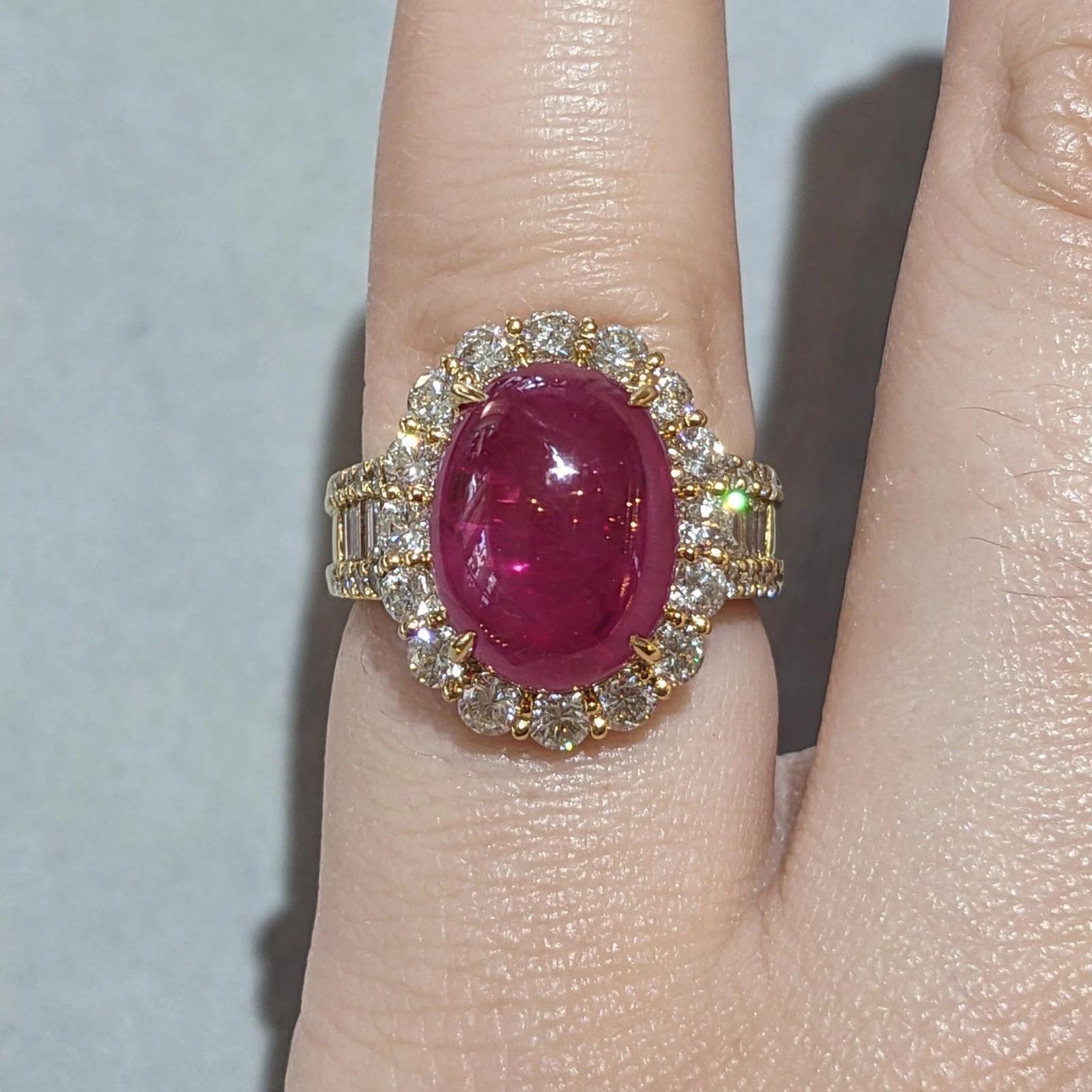 Women's GIA Burma Cabochon Ruby 13.60 carats and Diamond Ring in 18k Yellow Gold For Sale