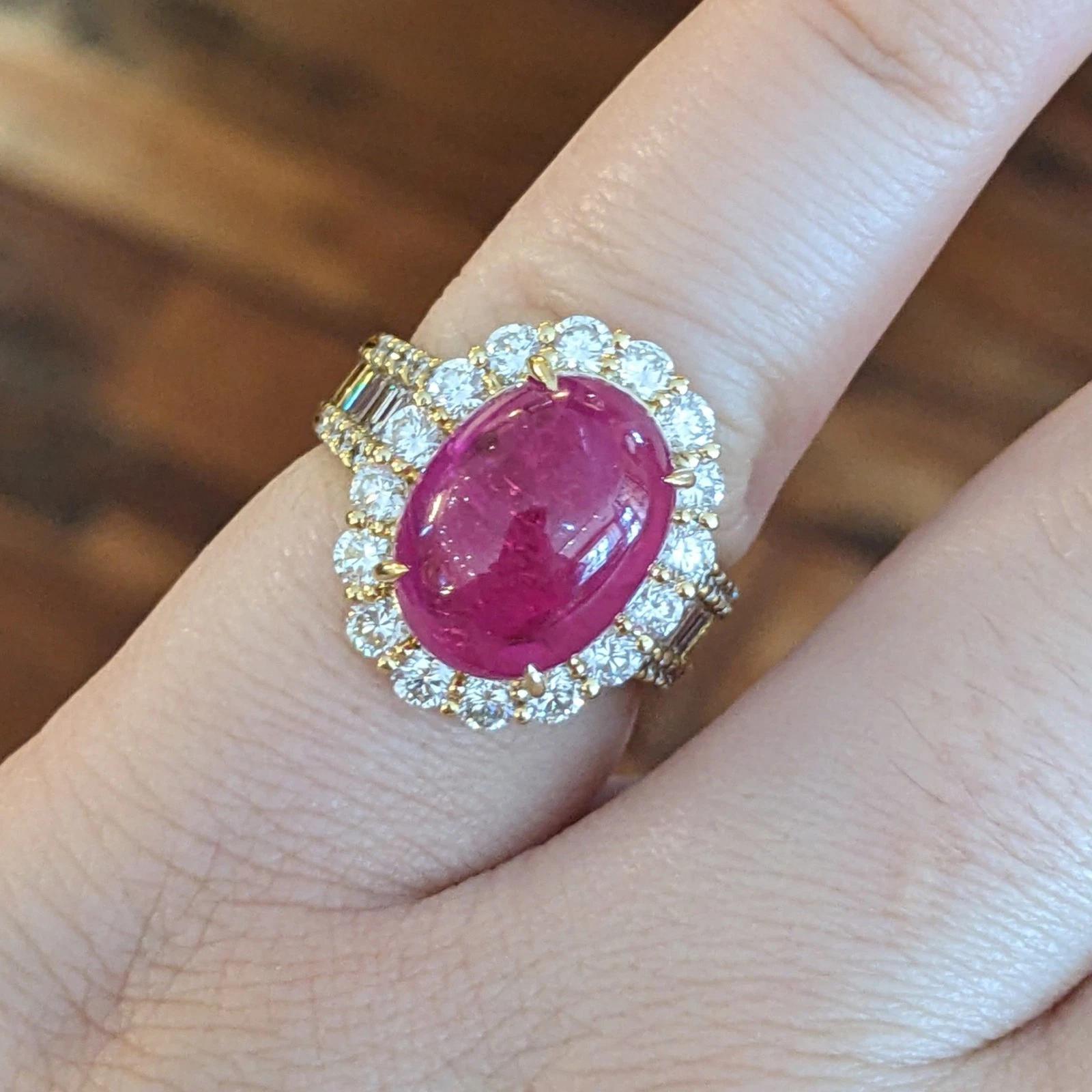 GIA Burma Cabochon Ruby 13.60 carats and Diamond Ring in 18k Yellow Gold For Sale 1