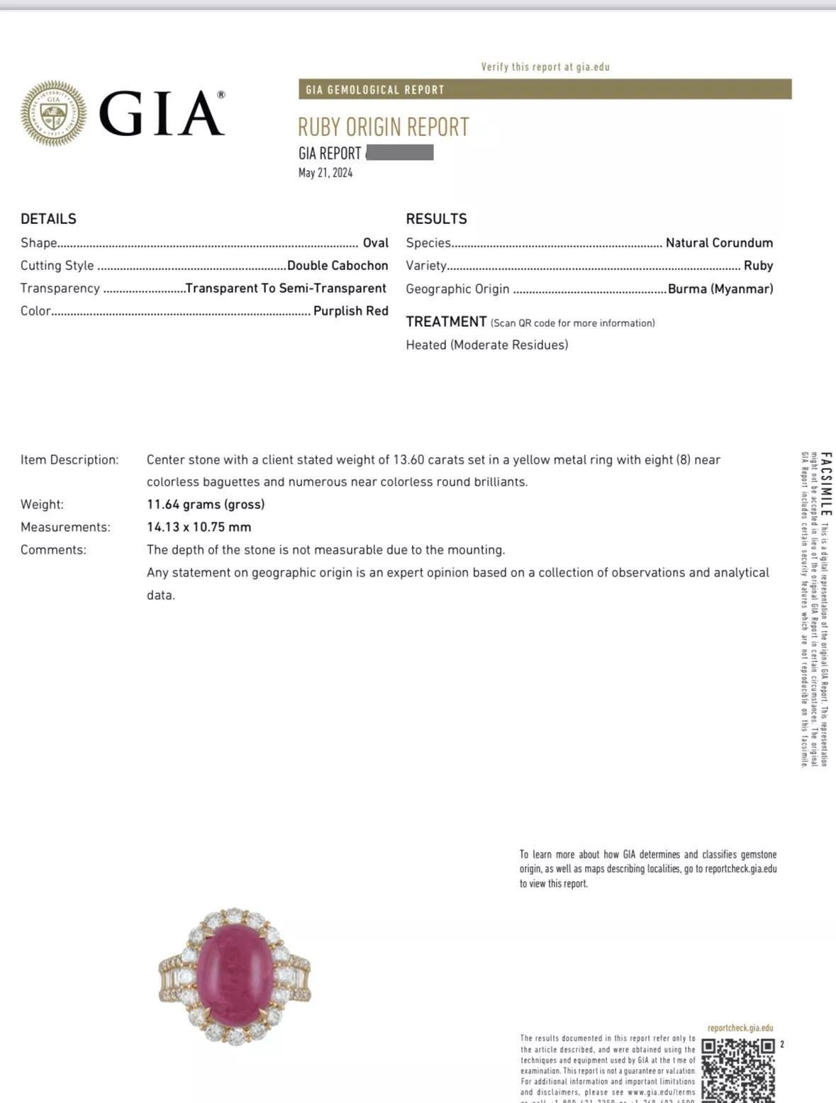 GIA Burma Cabochon Ruby 13.60 carats and Diamond Ring in 18k Yellow Gold In Excellent Condition For Sale In La Jolla, CA