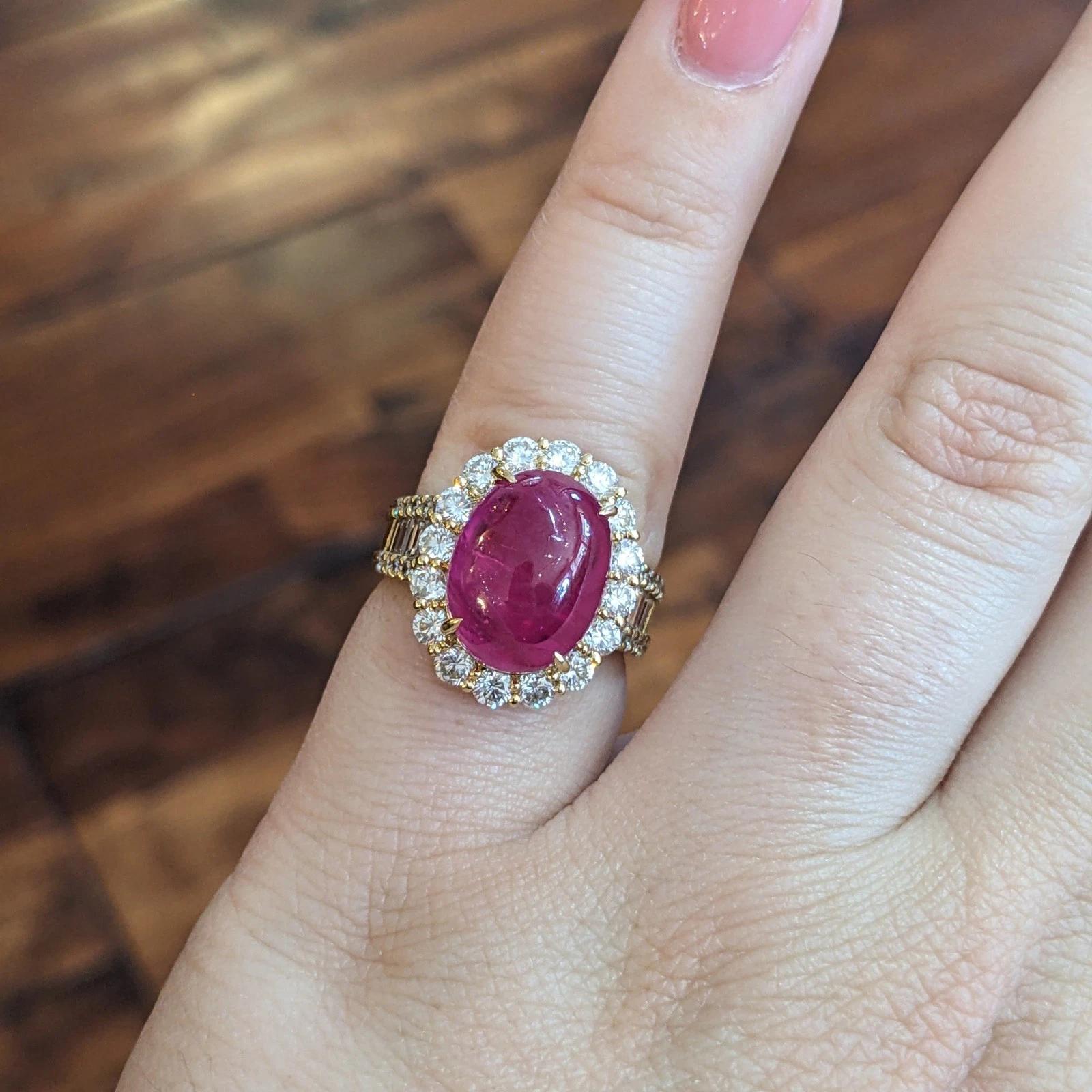 GIA Burma Cabochon Ruby 13.60 carats and Diamond Ring in 18k Yellow Gold For Sale 2