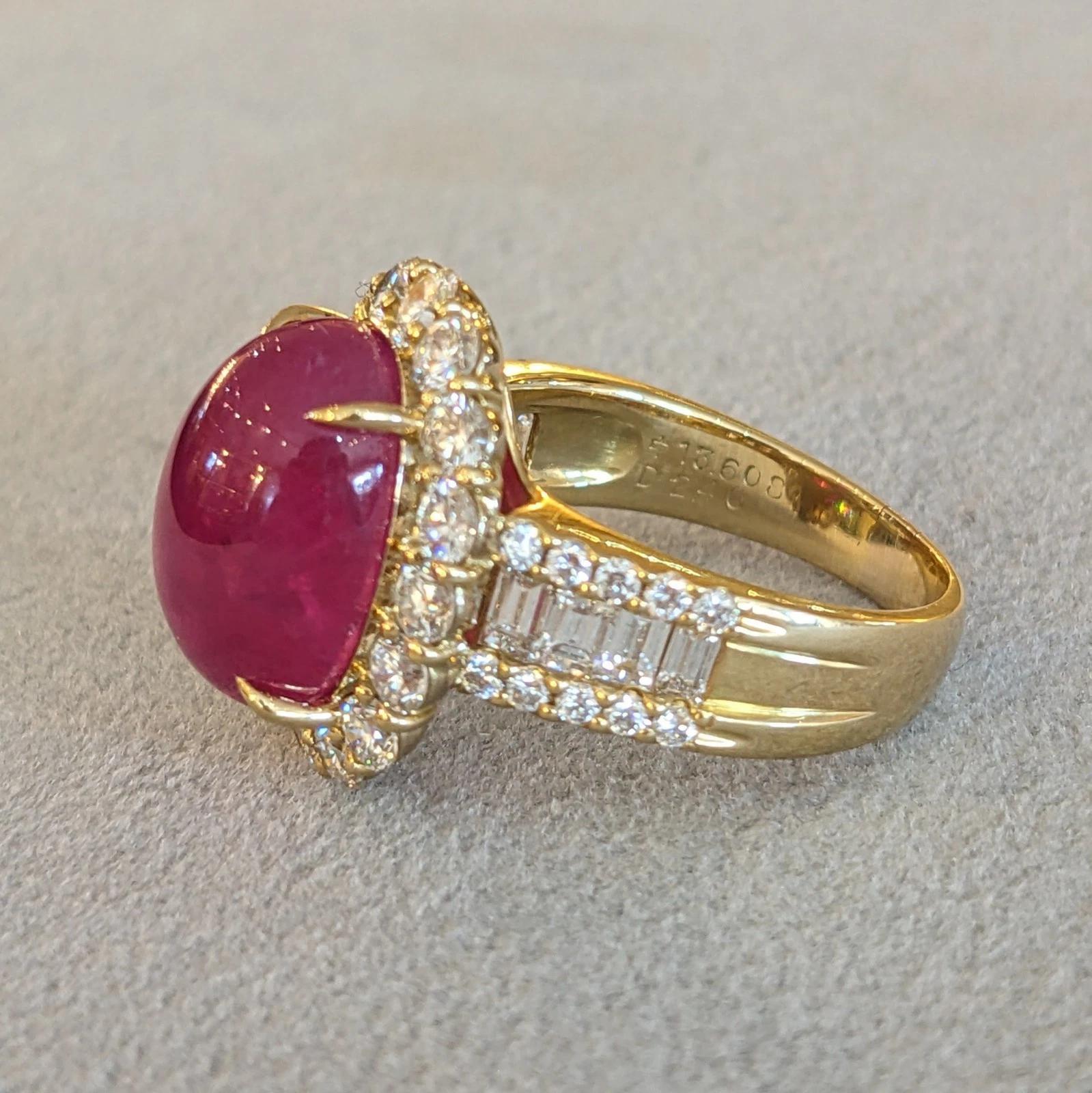 GIA Burma Cabochon Ruby 13.60 carats and Diamond Ring in 18k Yellow Gold For Sale 4