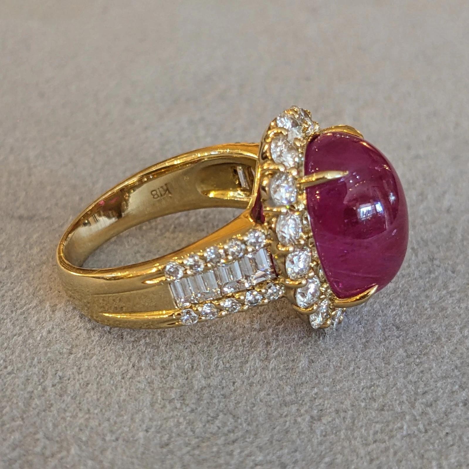 GIA Burma Cabochon Ruby 13.60 carats and Diamond Ring in 18k Yellow Gold For Sale 5