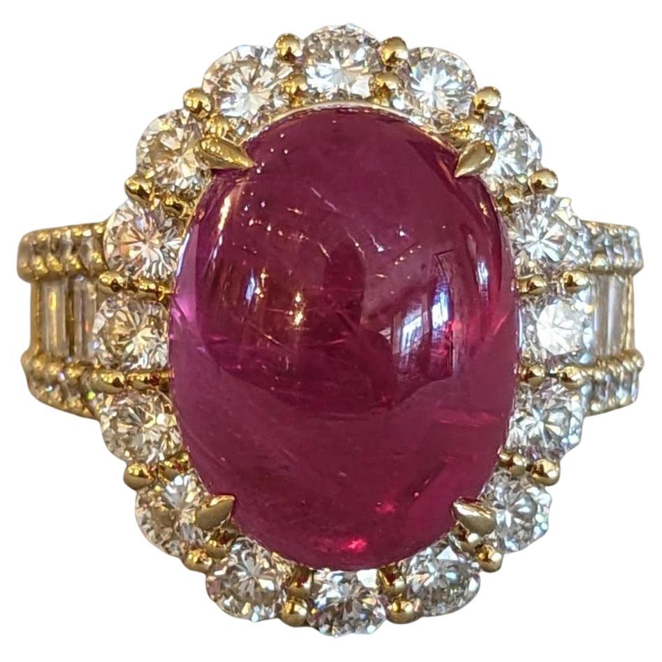 GIA Burma Cabochon Ruby 13.60 carats and Diamond Ring in 18k Yellow Gold For Sale
