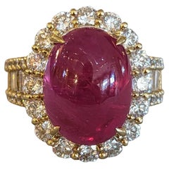 GIA Burma Cabochon Ruby 13.60 carats and Diamond Ring in 18k Yellow Gold