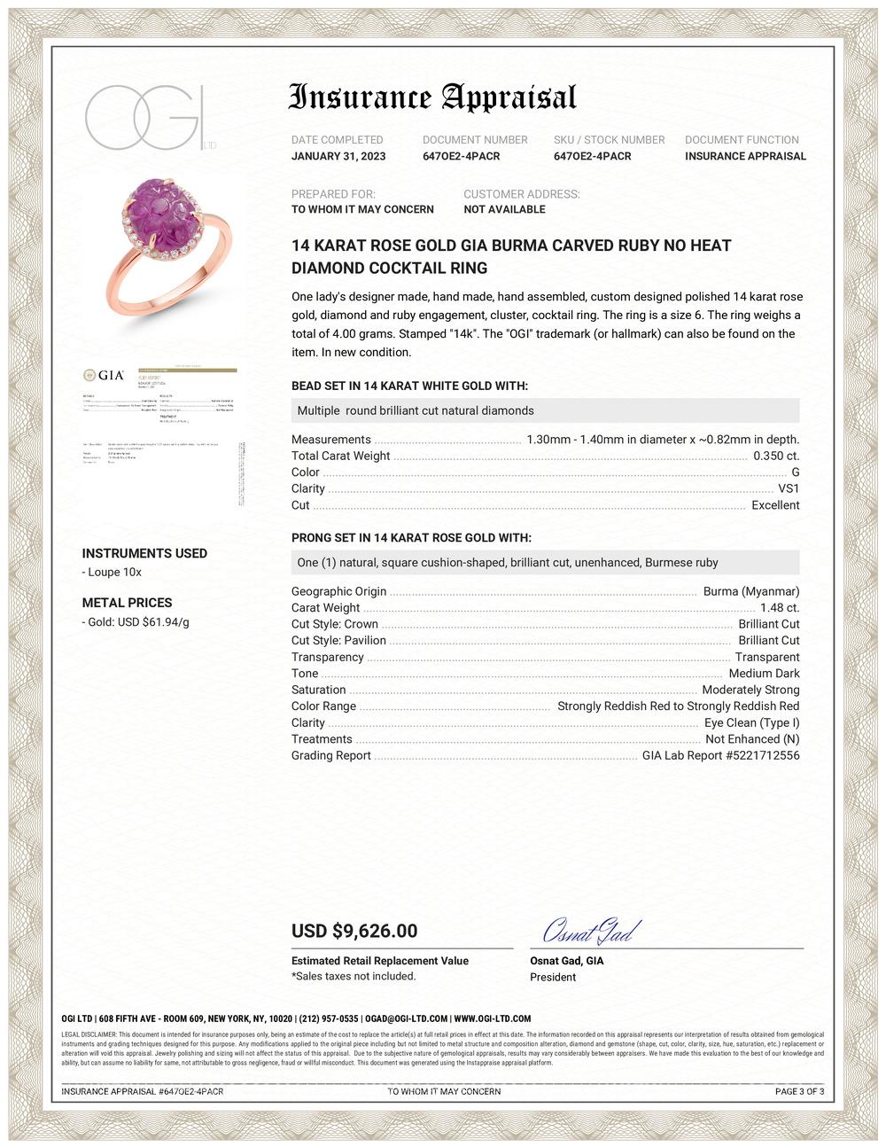 14 karat rose gold ring set with no heat carved Burma Ruby with foliate motif 
Ruby weighing 4.34 carats
GIA certificate #5221712556f
GIA certificate stating Not heated
Ruby is set in a halo style ring with diamonds weighing 0.35 carats
Ruby is