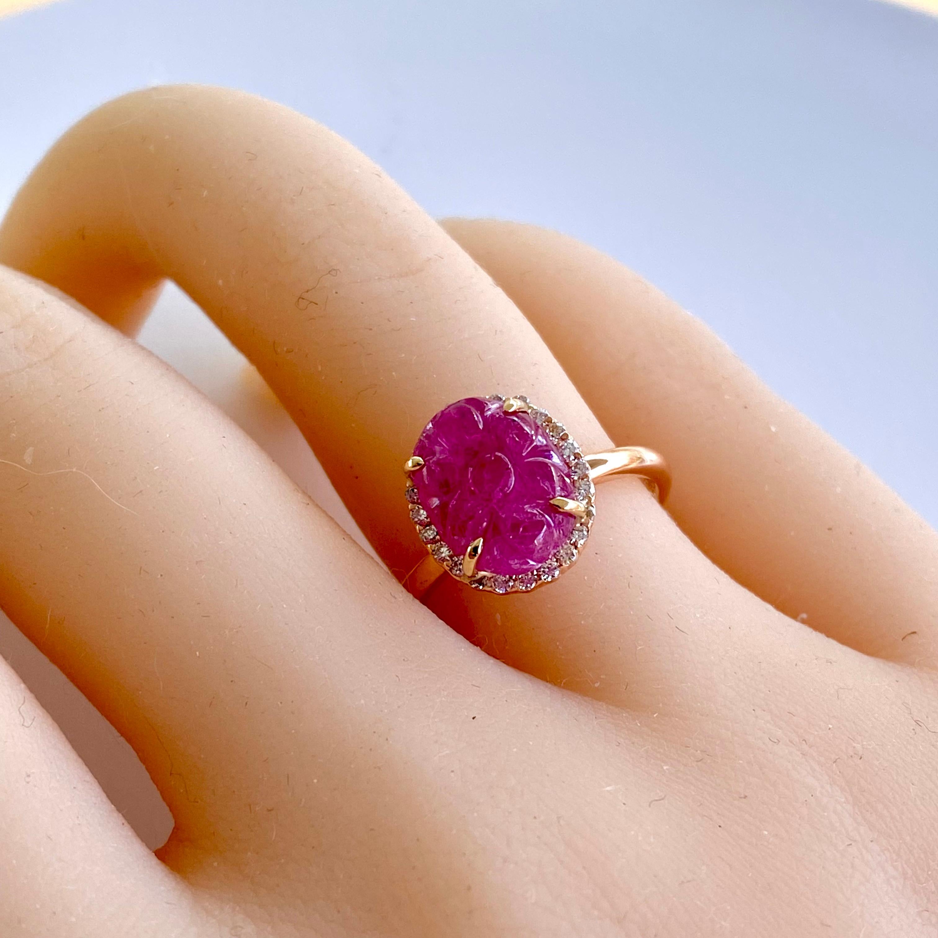 Contemporary GIA Certified No Heat Burma Carved Ruby Diamond Cocktail Rose Gold Ring 