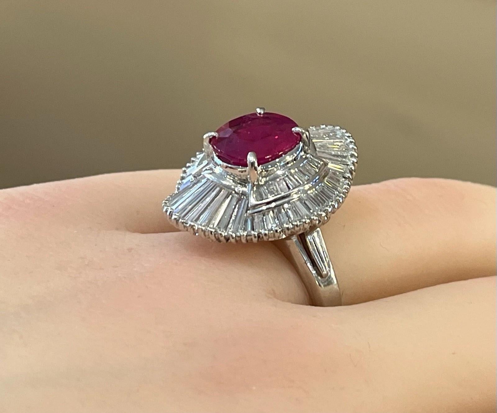 Women's GIA Burma Heated Ruby 3.43 carat Oval in Diamond Platinum Ring