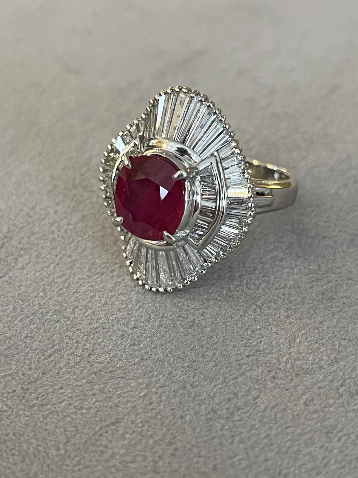GIA Burma Heated Ruby 3.43 carat Oval in Diamond Platinum Ring 4