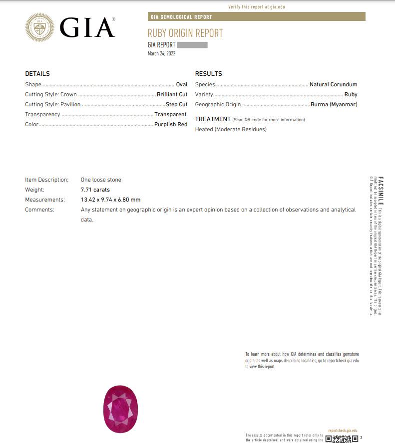 Taille ovale GIA Bague en platine au rubis chauffé de Birmanie, ovale de 7,71 carats, serti de diamants en vente