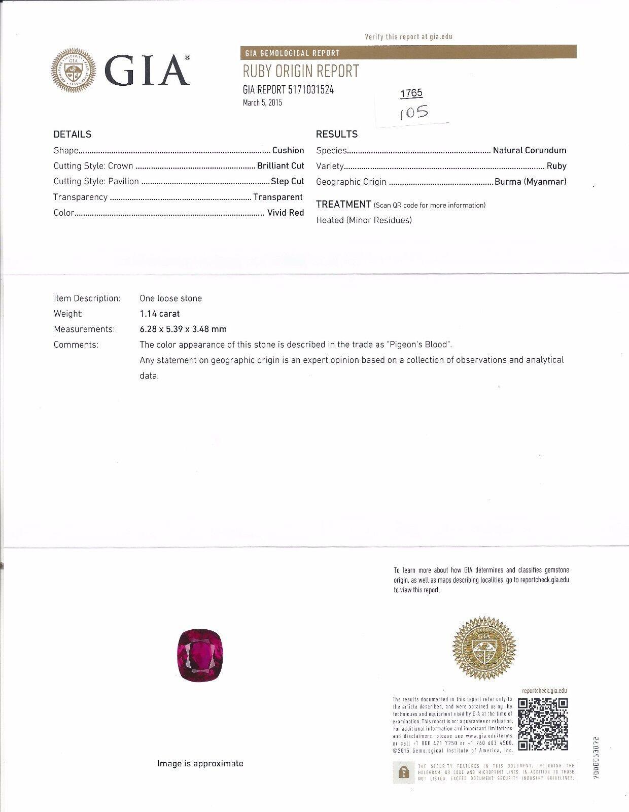GIA Certified 1.14Ct Natural Ruby Ring

Report:  5171031524

Oval cut

Clean Clarity & Transparent

6.28 X 5.39 X 3.48mm

GIA: Pigeons Blood / Vivid red / Burma / Heated

See report in photo



1.40ct. side round cut diamonds

G-color vs-2