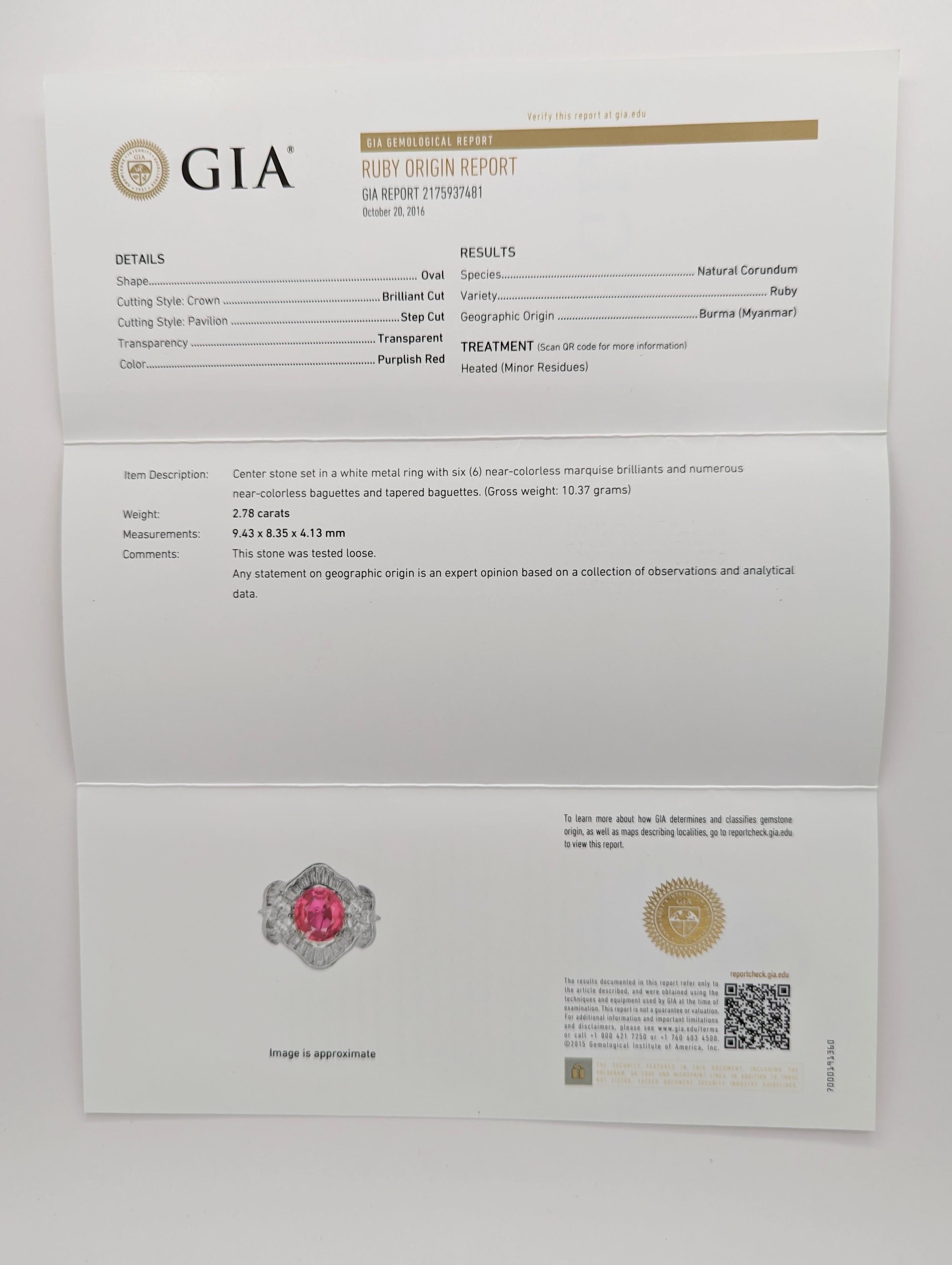 Bague en platine, rubis rouge violacé de Birmanie et diamants blancs certifiés GIA en vente 3