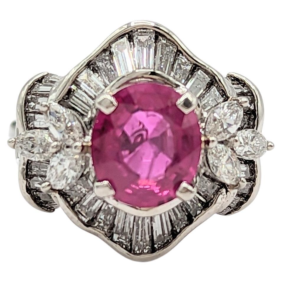 GIA Burma Purplish Red Ruby and White Diamond Ring in Platinum For Sale