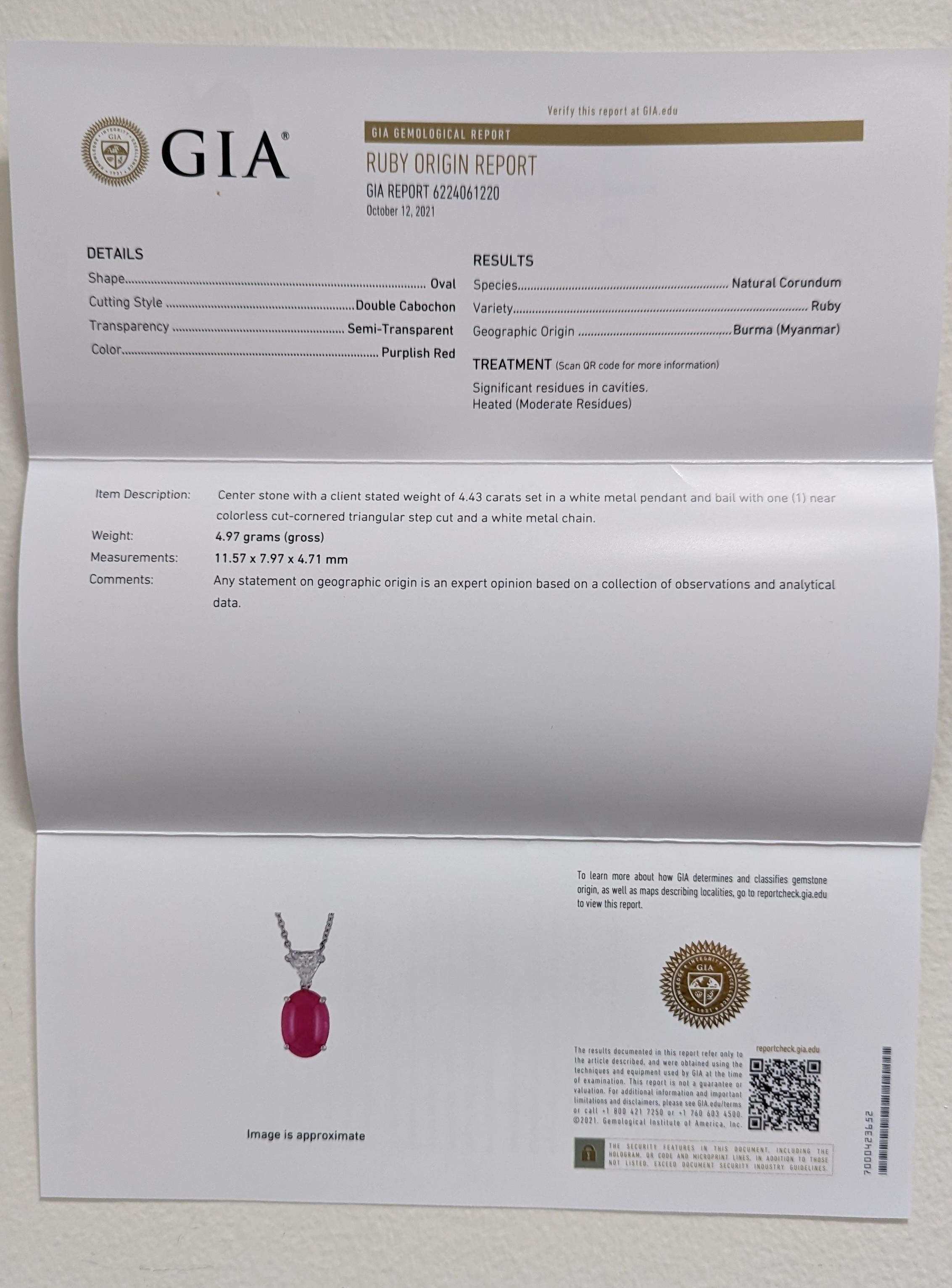 GIA Burma Red Ruby & Trillion Diamond Pendant Necklace in Platinum For Sale 1