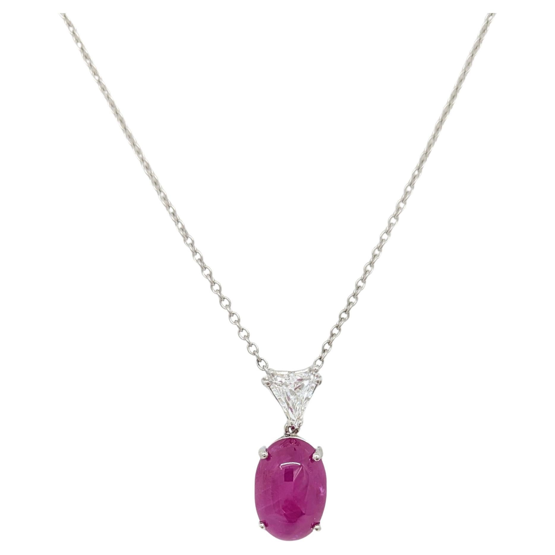 GIA Burma Red Ruby & Trillion Diamond Pendant Necklace in Platinum For Sale